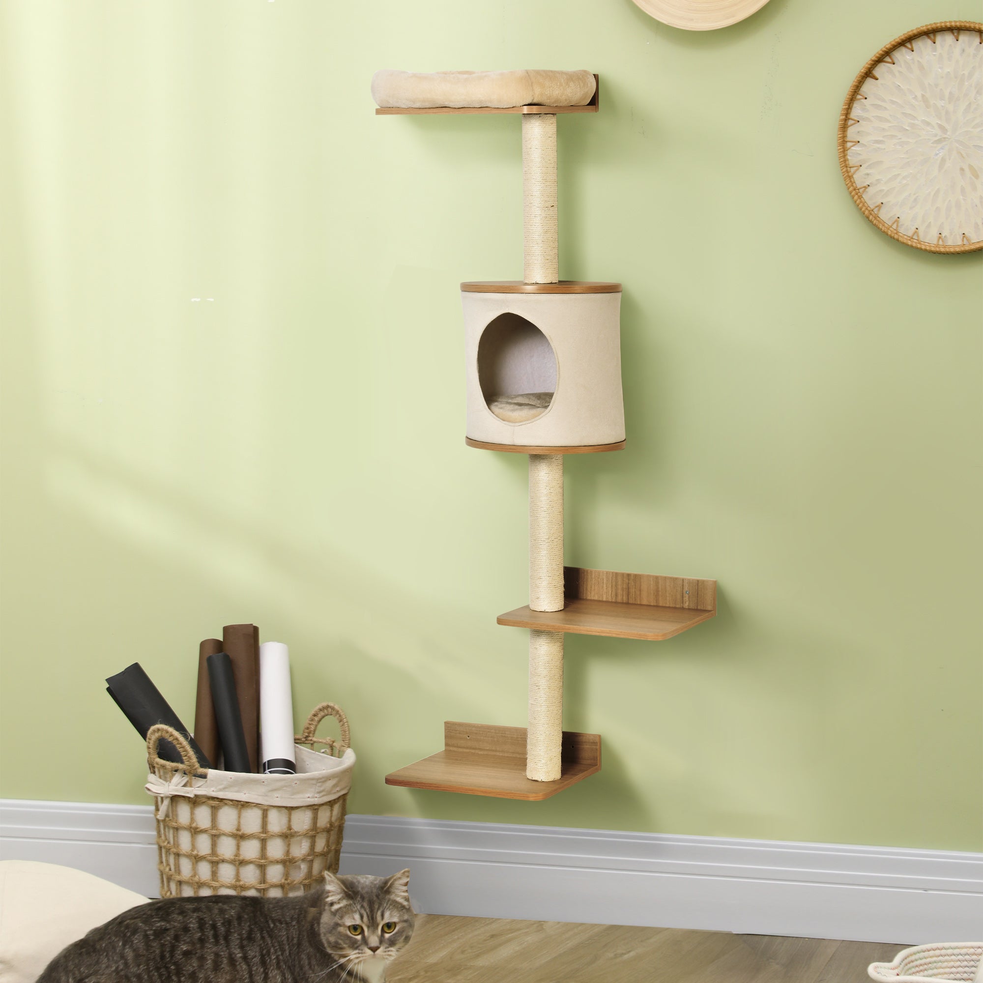 PawHut Wall-Mounted Cat Tree, with Cat House, Bed, Scratching Post - Beige - North Peak Garden Furniture