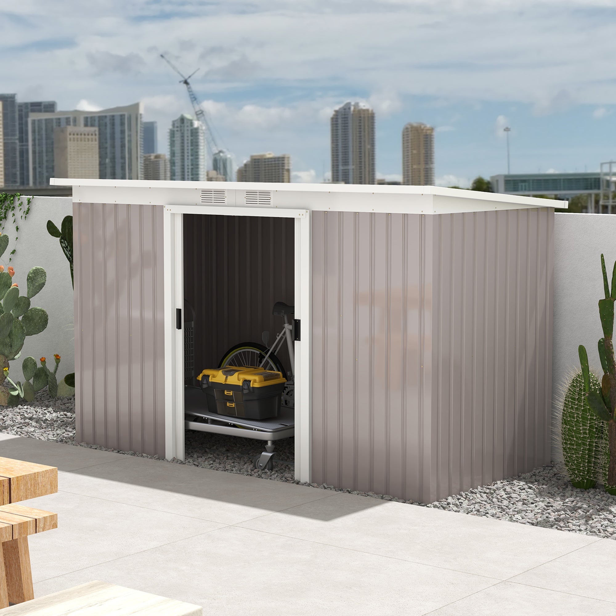 Outsunny Corrugated Garden Metal Storage Shed Outdoor Equipment Tool Box with Kit Ventilation Doors 9x 4FT Light Grey - North Peak Garden Furniture