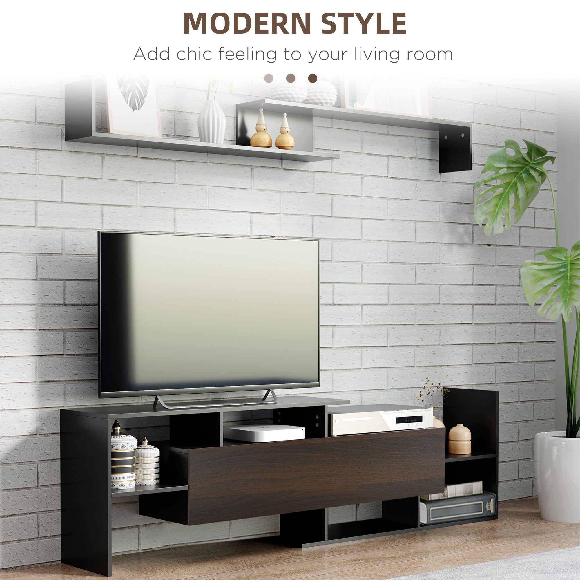 HOMCOM Modern TV Cabinet with Wall Shelf, TV Unit with Storage Shelf and Cabinet, for Wall-Mounted 65" TVs or Standing 40" TVs, Black and Dark Brown