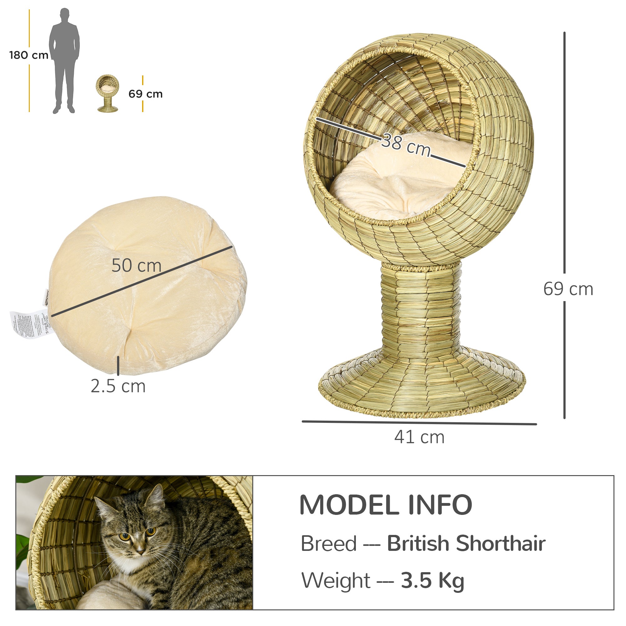 PawHut Raised Detachable Cat house, Natural Mat Grass Cat Bed, with Cushion - North Peak Garden Furniture