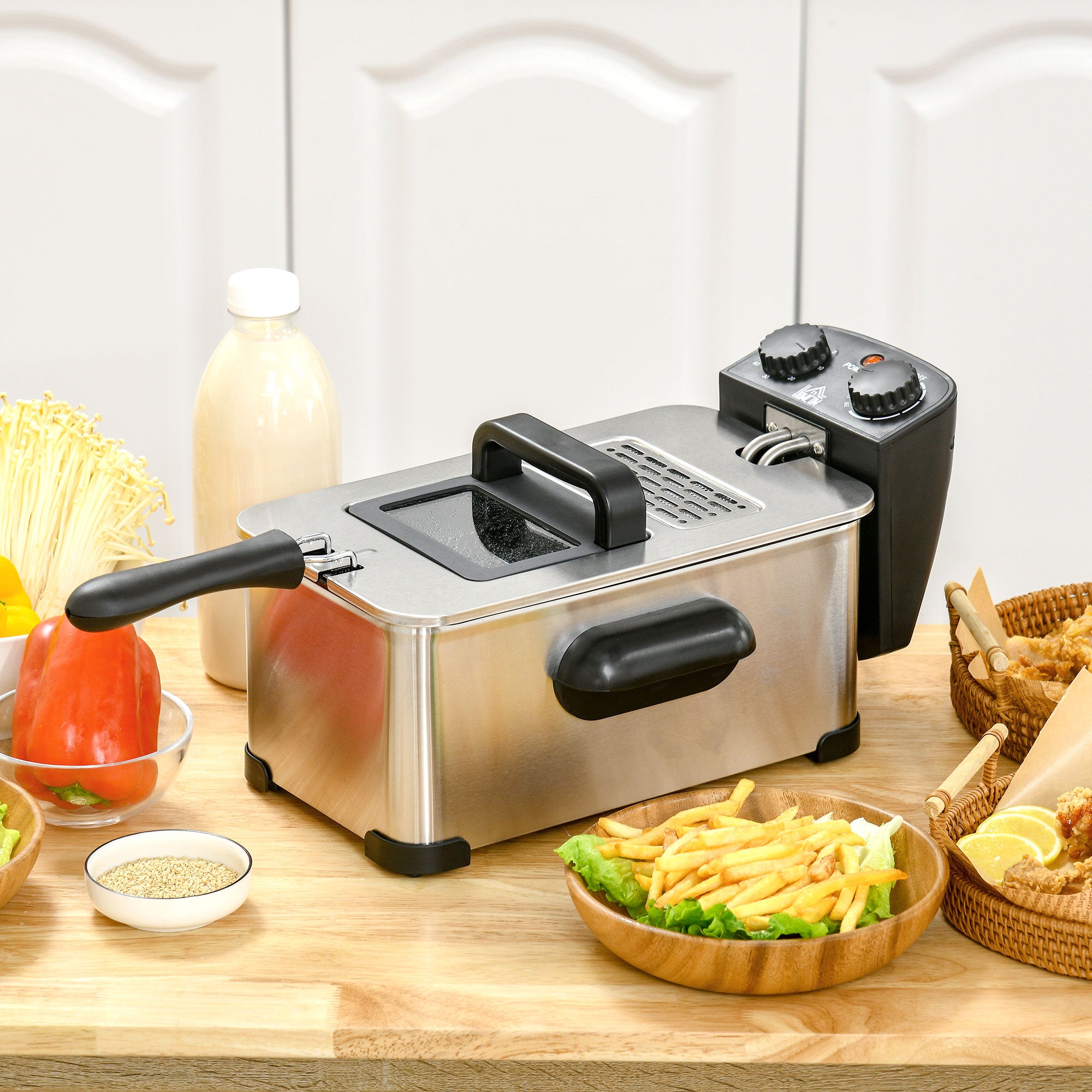 HOMCOM 3 Litre Stainless Steel Deep Fat Fryer with Adjustable Temp, 60min Timer, Viewing Window and Safety Cut Out, 2000W - North Peak Garden Furniture