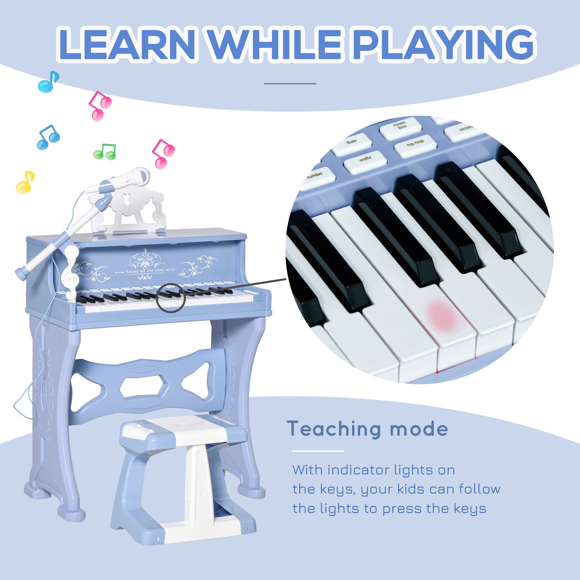 HOMCOM 37 Keys Kids Piano Mini Electronic Keyboard Light Kids Musical Instrument Educational Game Children Grand Piano Toy Set w/Stool & Microphone & Music Stand (Blue) - North Peak Garden Furniture