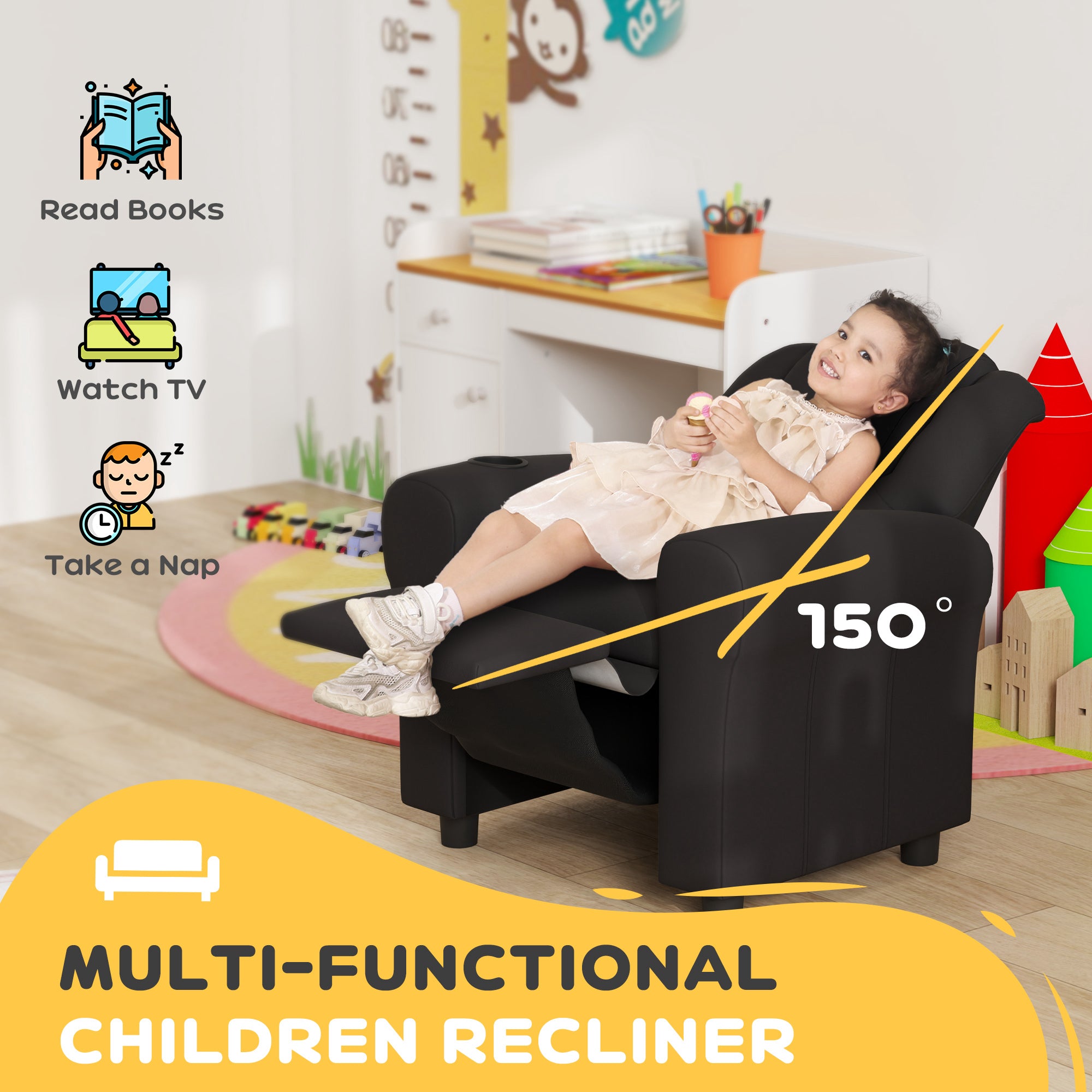 HOMCOM Kids Recliner Chair, PU Leather with Adjustable Backrest, Footrest, Padded Headrest, Black - North Peak Garden Furniture