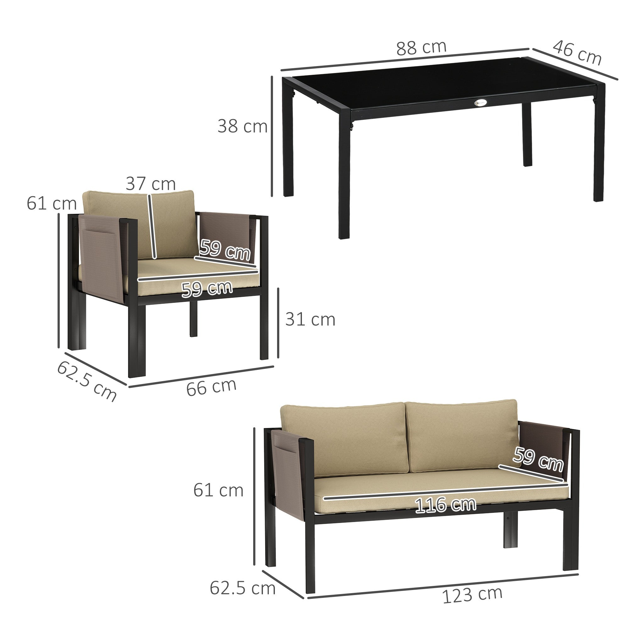 Outsunny 4 Piece Metal Garden Furniture Set with Tempered Glass Coffee Table, Texteline Pocket, Outdoor Set Loveseat Single Armchairs with Padded Cushions, Khaki - North Peak Garden Furniture