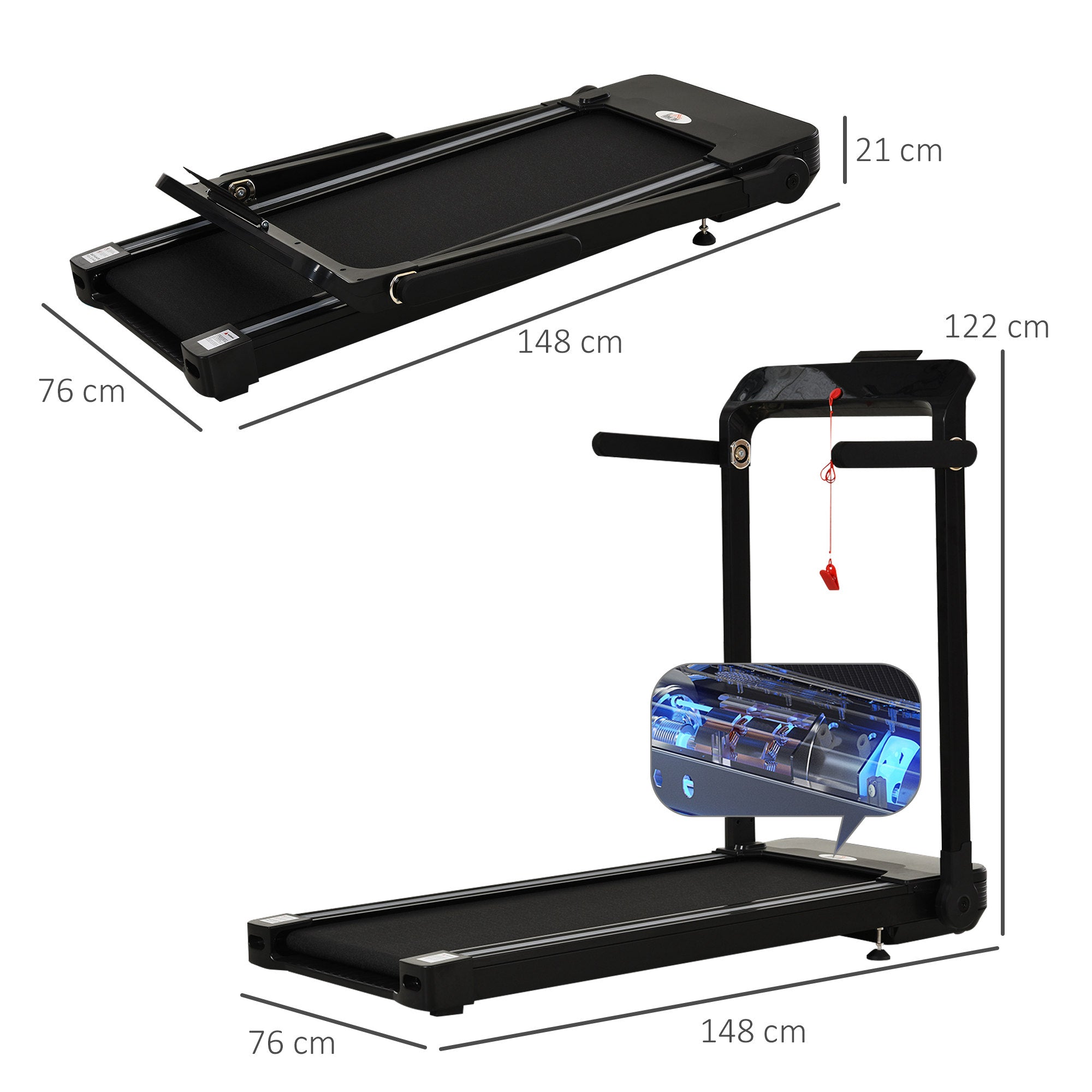 HOMCOM Folding Treadmill, 1.85HP Installation-Free Walking Jogging Running Machine, 12KM/H with 12 Pre-Programs and LED Display for Home Gym Office - North Peak Garden Furniture