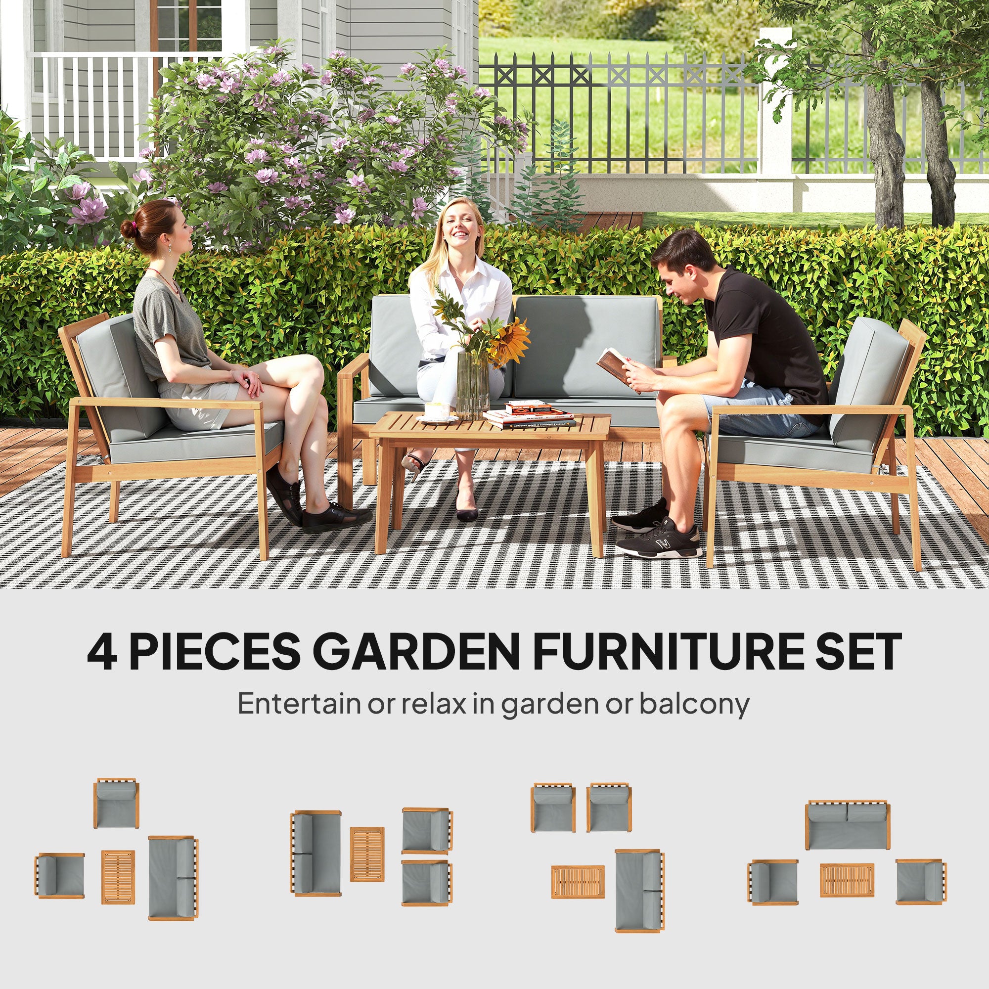 Outsunny 4-Piece Wooden Garden Furniture Set with Cushions - Teak - North Peak Garden Furniture