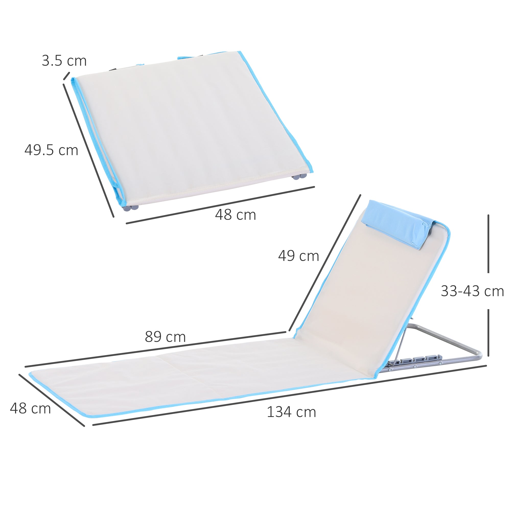 Outsunny Set of 2 Foldable Garden Beach Chair Mat, Lightweight Outdoor Sun Lounger Seats with Adjustable Back, Metal Frame, PE Fabric Head Pillow and Carry Bag, Cream White