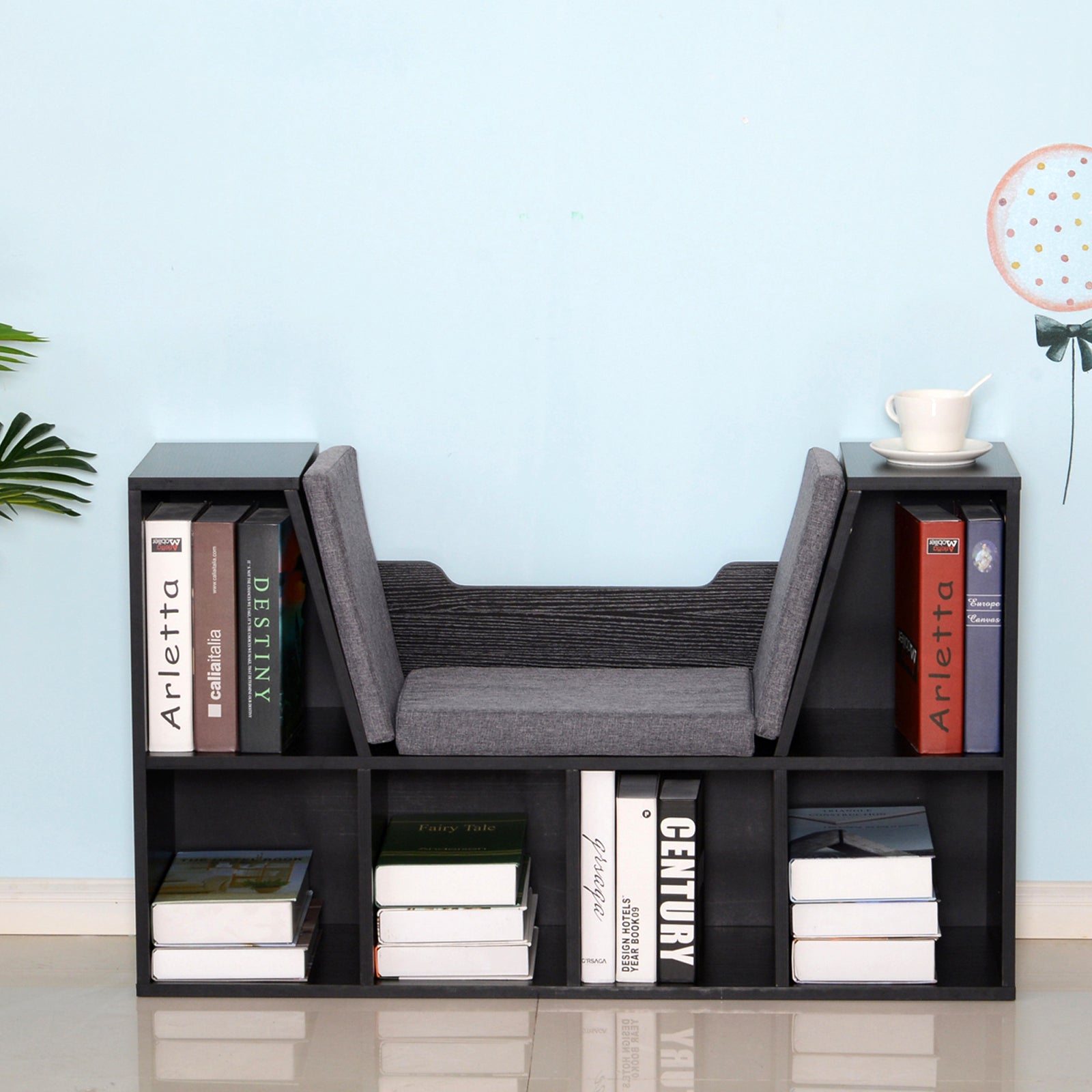 HOMCOM Bookcase Storage Shelf with Cushioned Reading Seat, Cube Bookshelf Organizer for Bedroom Living Room, Black - North Peak Garden Furniture