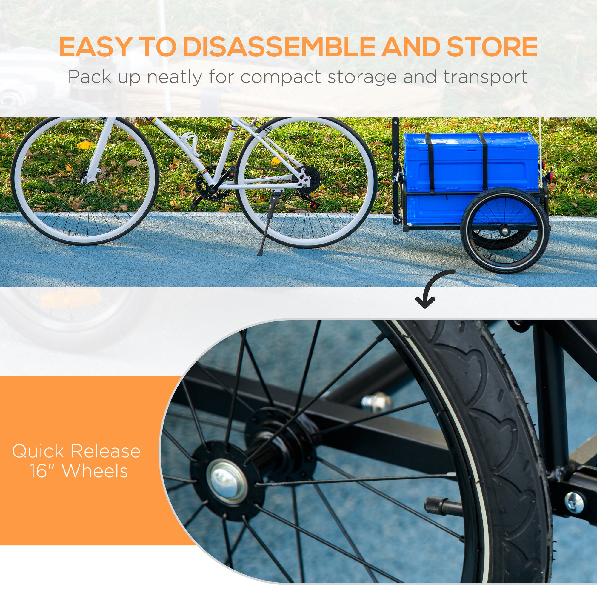 HOMCOM Steel Trailer for Bike, Bicycle Cargo Trailer with 65L Foldable Storage Box and Safe Reflectors, Max Load 40KG, Blue - North Peak Garden Furniture