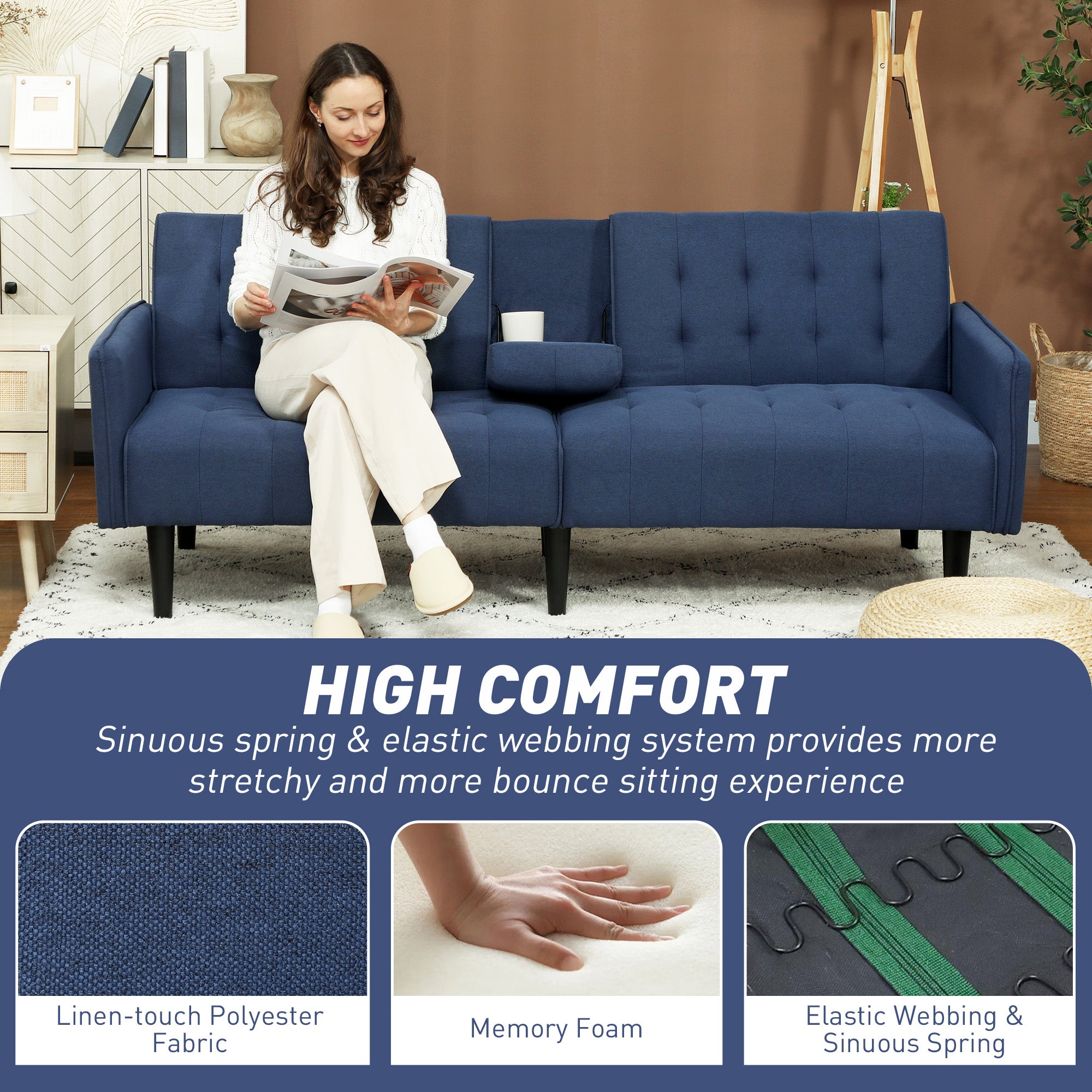 HOMCOM Upholstered Click Clack Sofa Bed, Linen-Feel 3 Seater Sofa Bed with Storage and Cupholders, Dark Blue - North Peak Garden Furniture