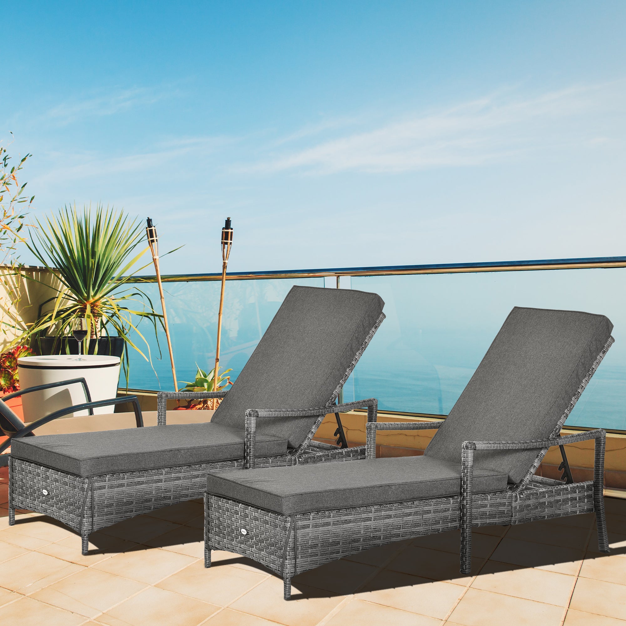 Outsunny PE Rattan Sun Loungers set of 2 with Cushion, Outdoor 2 Pieces Garden Sunbed Furniture with 4-Level Recliner Backrest, and Armrest, Grey - North Peak Garden Furniture