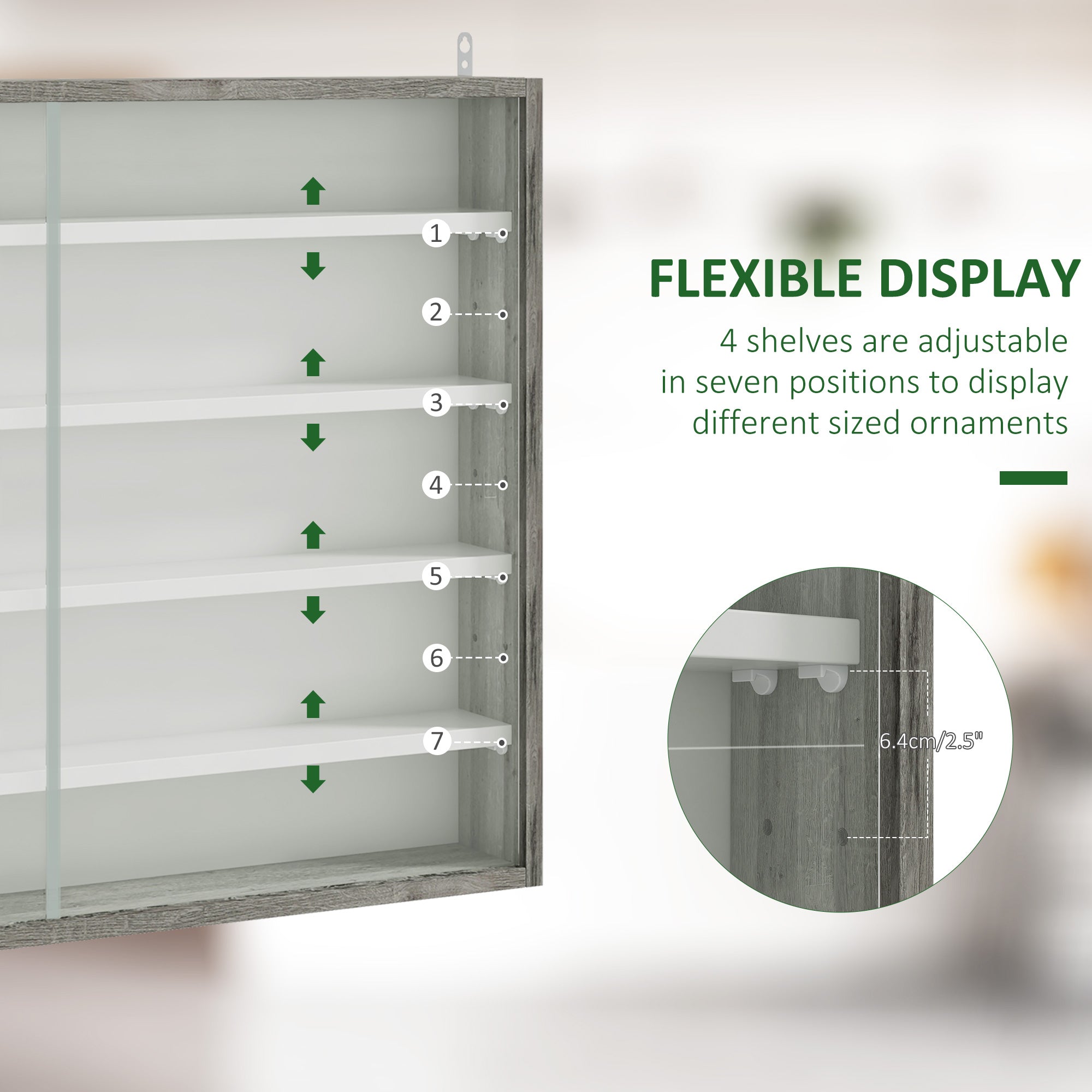 HOMCOM 5-Tier Wall Display Shelf Unit Cabinet w/ 4 Adjustable Shelves Glass Doors Home Office Ornaments 60x80cm Grey Wood Grain - North Peak Garden Furniture