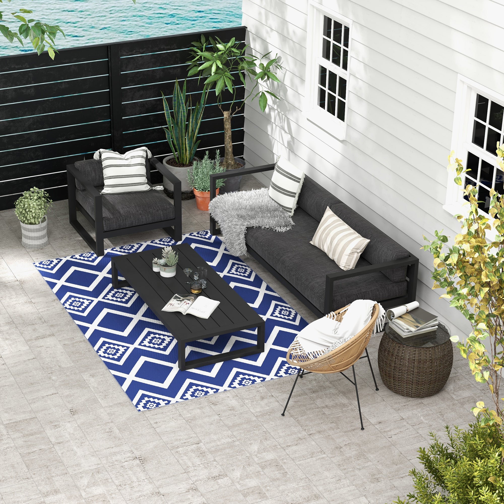 Outsunny Plastic Straw Reversible RV Outdoor Rug with Carry Bag, 182 x 274cm, Blue and White - North Peak Garden Furniture