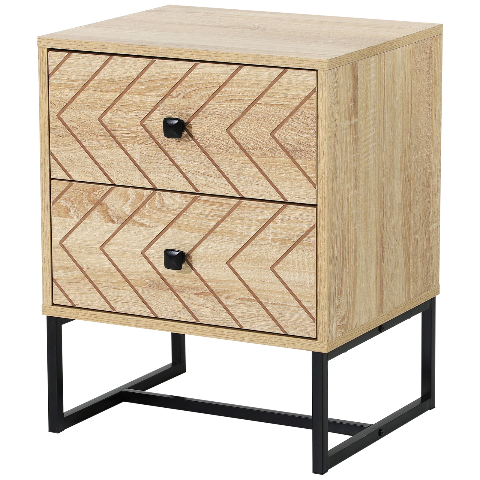 HOMCOM Unique Bedside Cabinet, Two-Drawer Nightstand, Zig Zag Design, Black Metal Handles, Melamine Finish