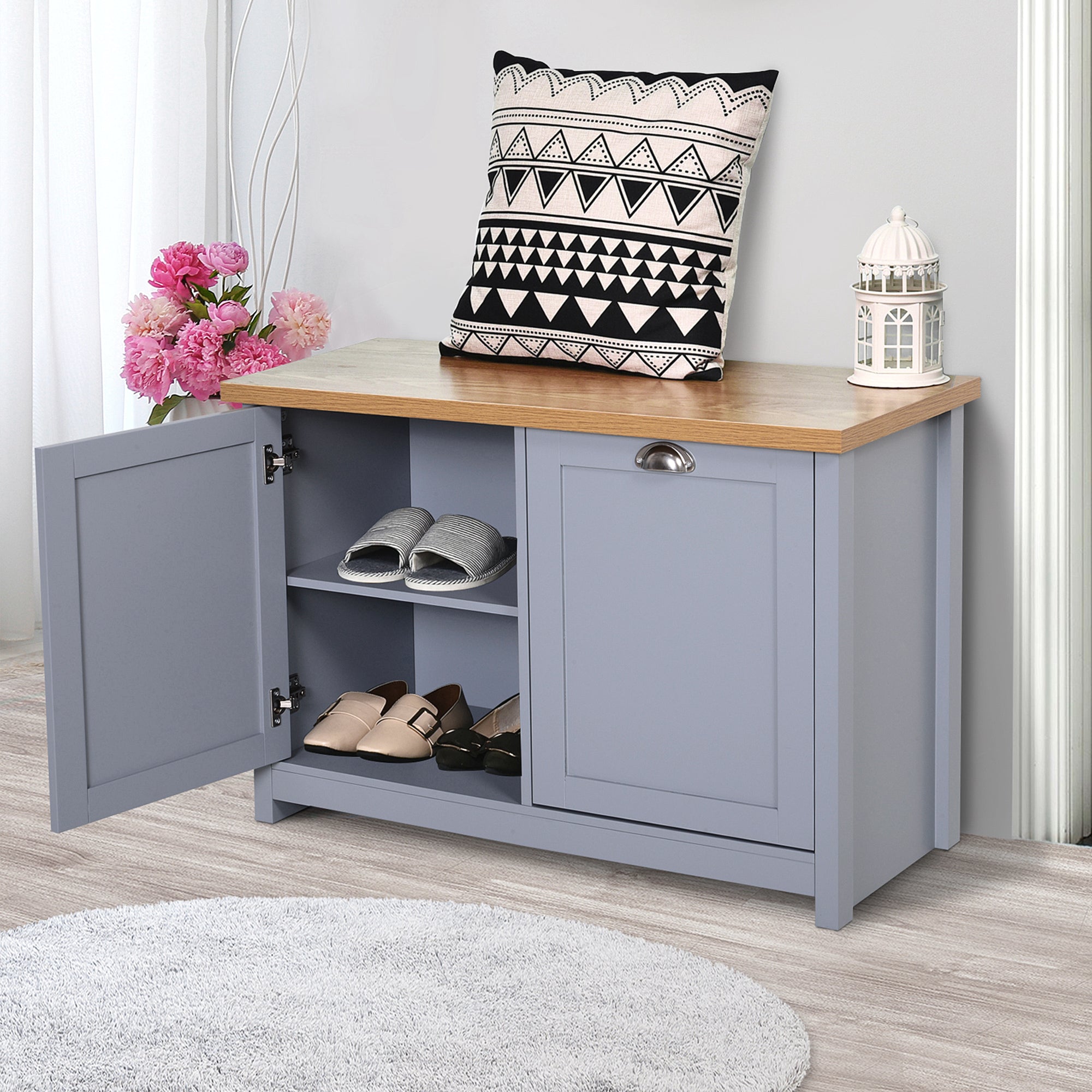 HOMCOM Shoe Cabinet, 2 Doors Shoe Cupboard, Entryway Shoe Bench with Shelf, Storage Organiser for Hallway, Bathroom, Grey - North Peak Garden Furniture