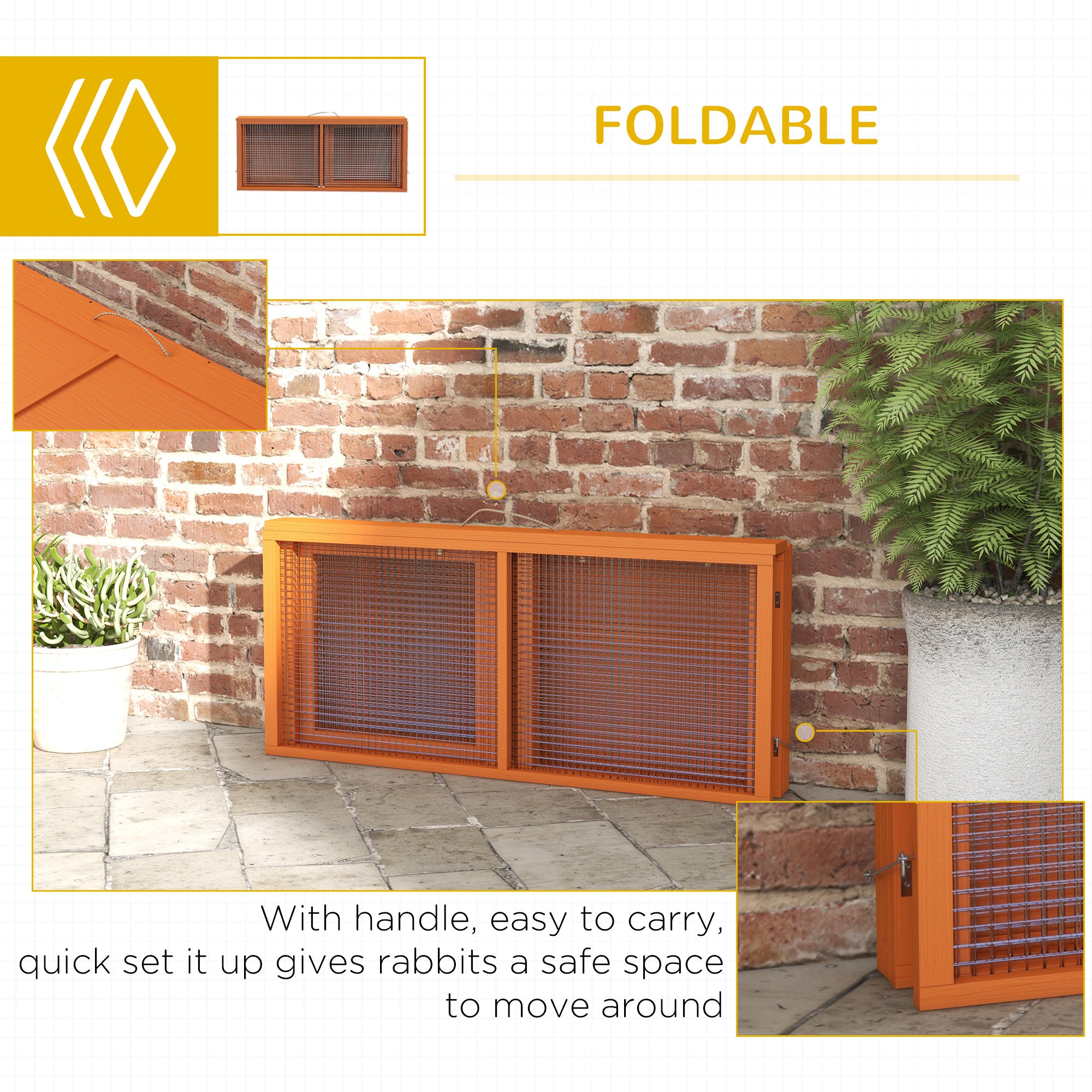 PawHut Wooden Folding Rabbit Hutch, for 2-3 Rabbits - Orange