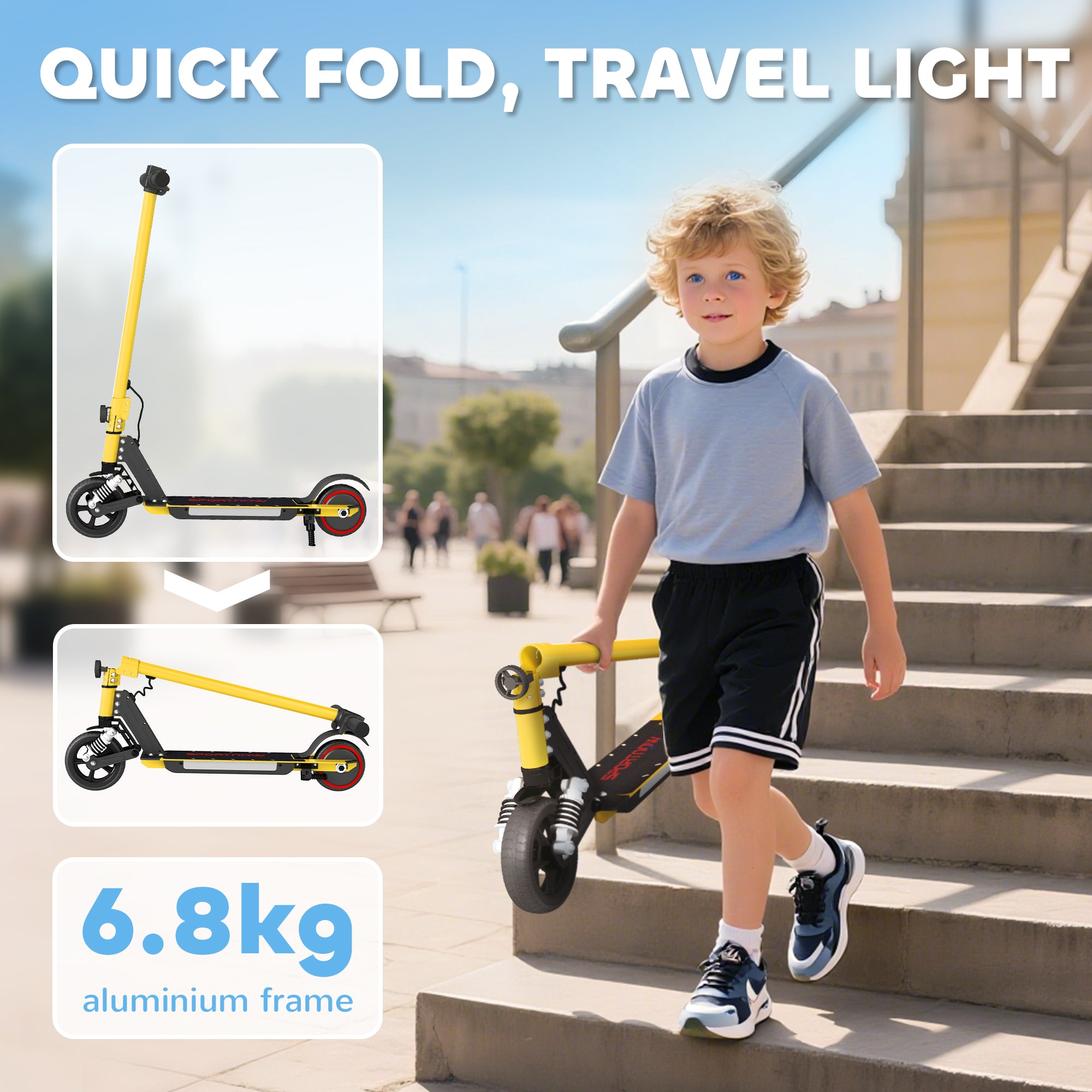 SPORTNOW Folding Electric Scooter for Kids Age 6-14 with Dual Brakes, Front Suspension, LED Colourful Lights and Display, 6.8kg Lightweight Aluminium E Scooter, Up to 14 KM/H & 6 KM, Gold Tone