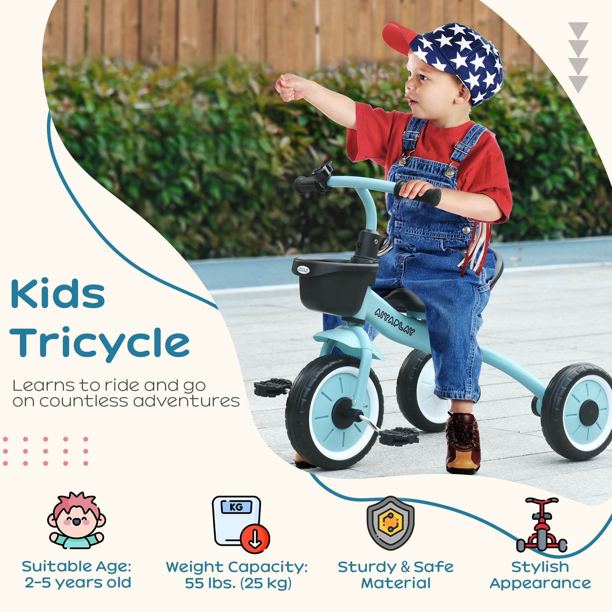 AIYAPLAY Kids Trike, Tricycle, with Adjustable Seat, Basket, Bell, for Ages 2-5 Years - Blue - North Peak Garden Furniture