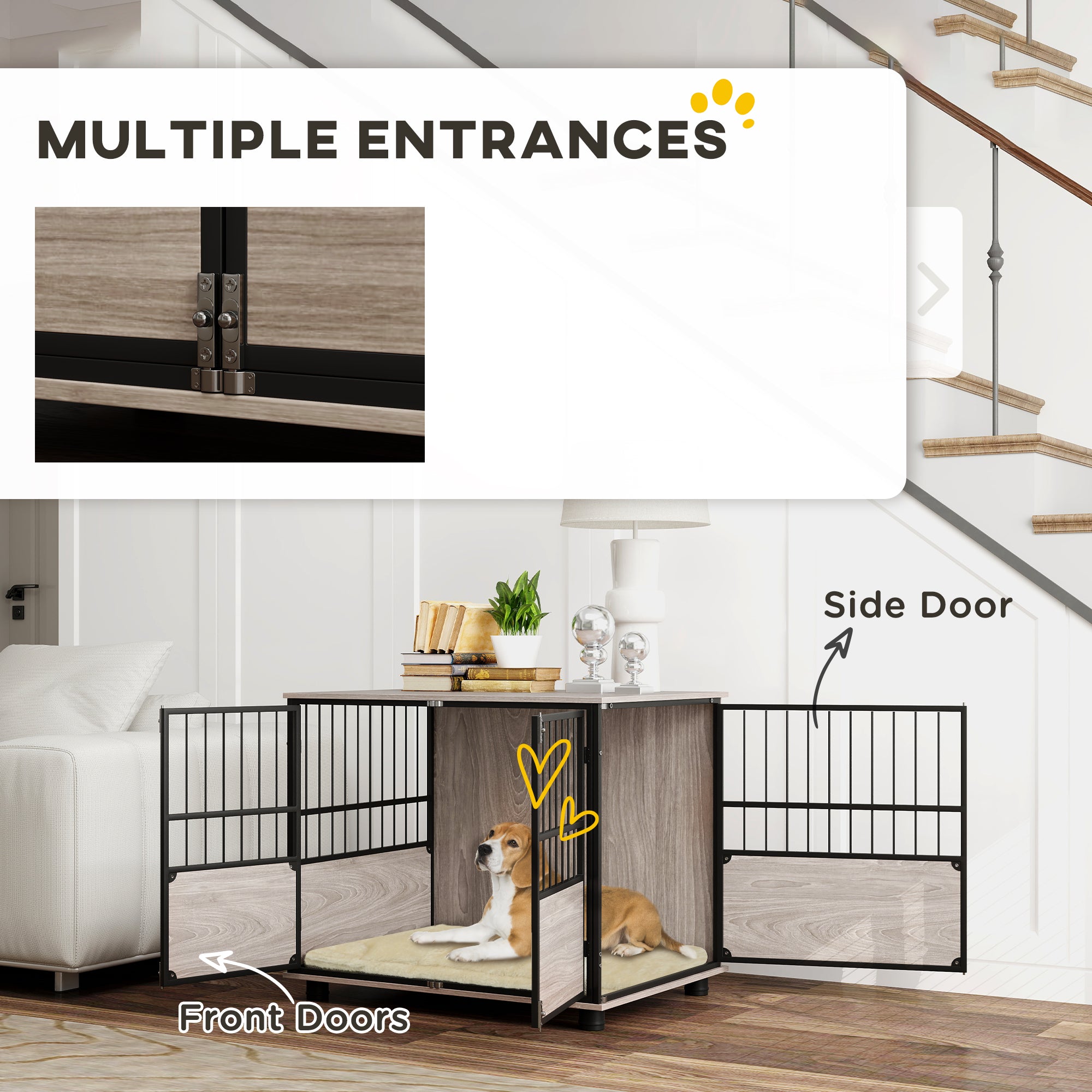 PawHut 80cm Furniture Style Dog Crate Dog Cage End Table Indoor with 3 Doors Soft Washable Cushion, for Medium Sized Dogs - North Peak Garden Furniture