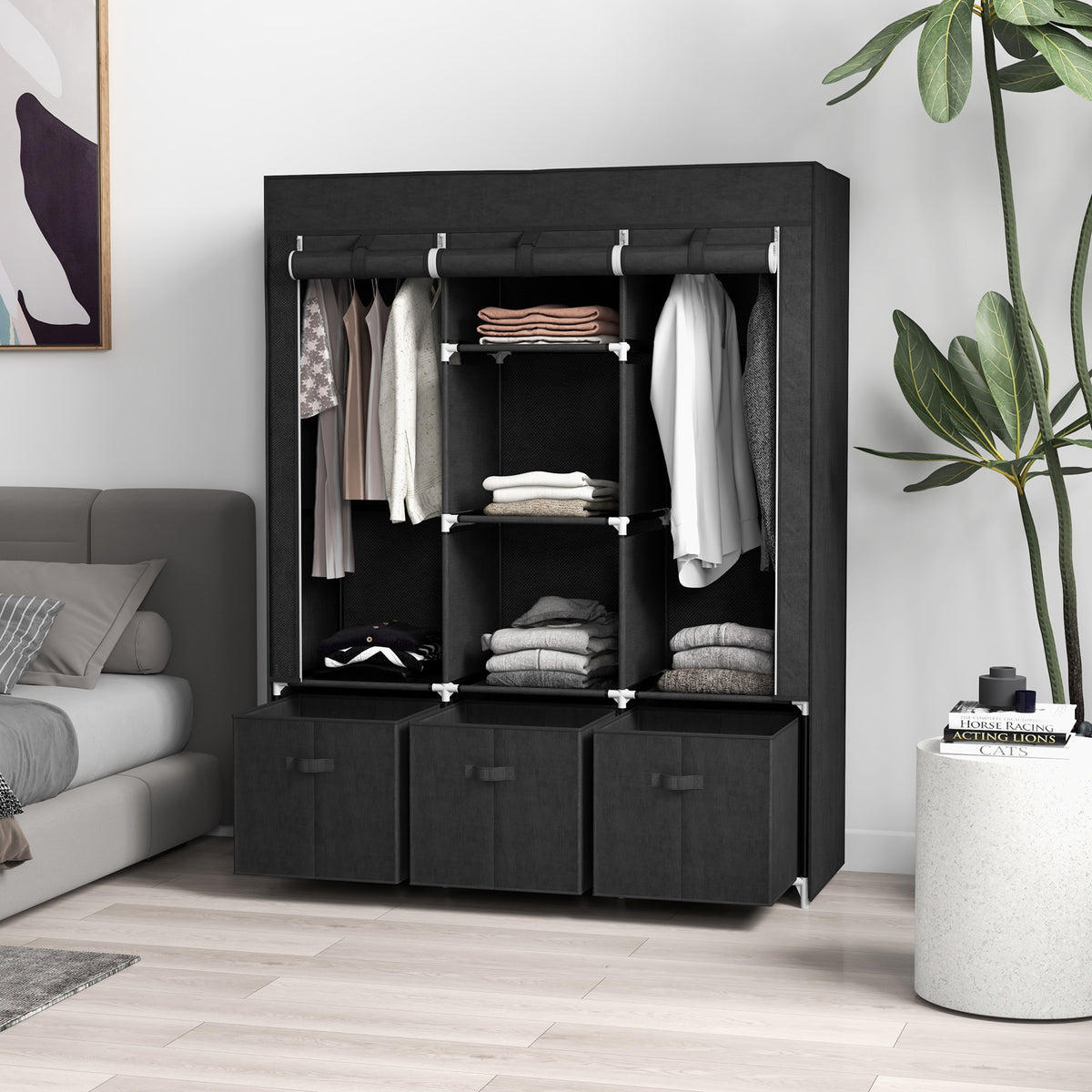HOMCOM Foldable Fabric Wardrobe for Bedroom, Portable Wardrobe with 5 Shelves, 2 Hanging Rails and 3 Fabric Drawers, Black