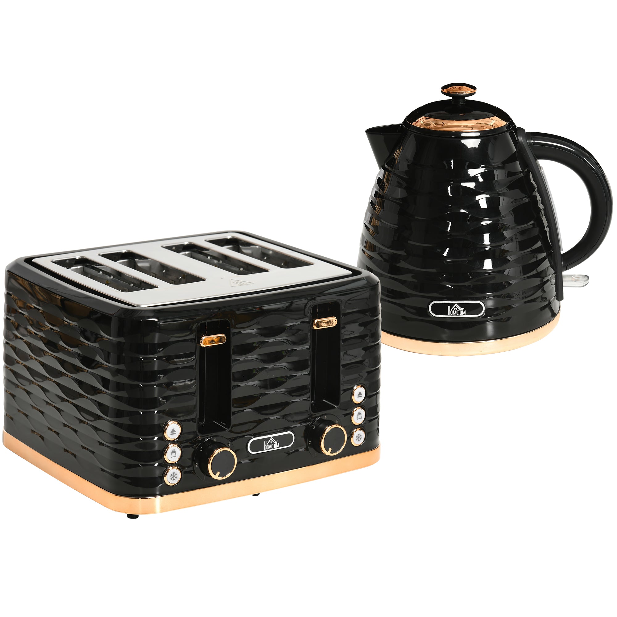 HOMCOM Kettle and Toaster Sets, 3000W 1.7L Rapid Boil Kettle & 4 Slice Toaster with 7 Browning Controls, Defrost, Reheat and Crumb Tray, Otter thermostat, Black - North Peak Garden Furniture