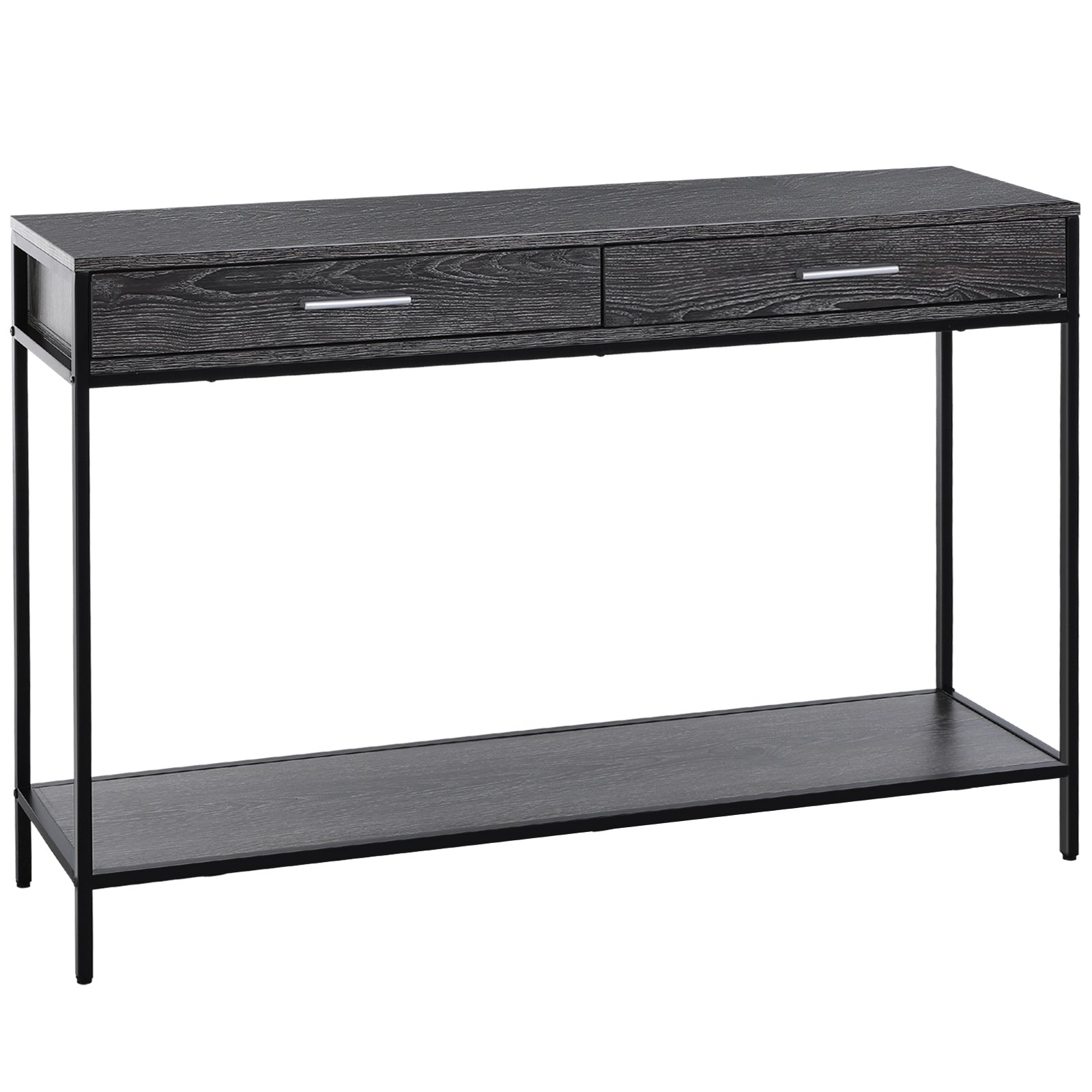 HOMCOM Console Table Worktop Bottom Shelf Home Two Drawer Industrial Minimal Style Grey Wood Tone Effect - North Peak Garden Furniture