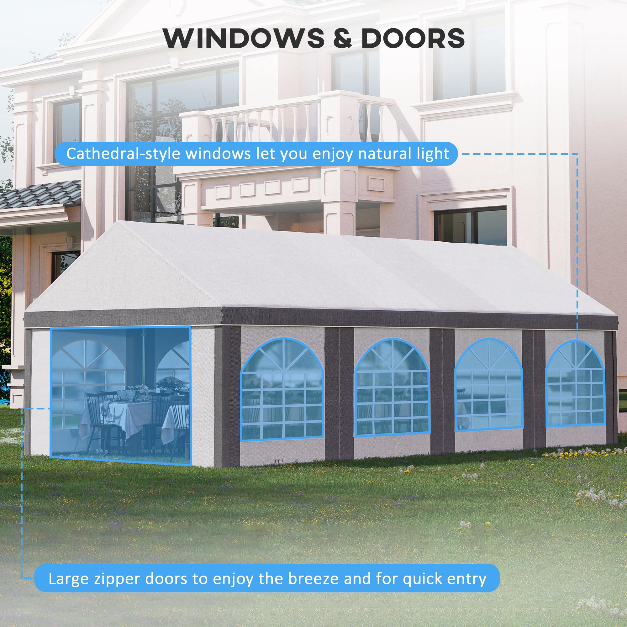 Outsunny 8 x 4m Galvanised Party Tent, Marquee Gazebo with Sides, Eight Windows and Double Doors, for Parties, Wedding and Events - North Peak Garden Furniture