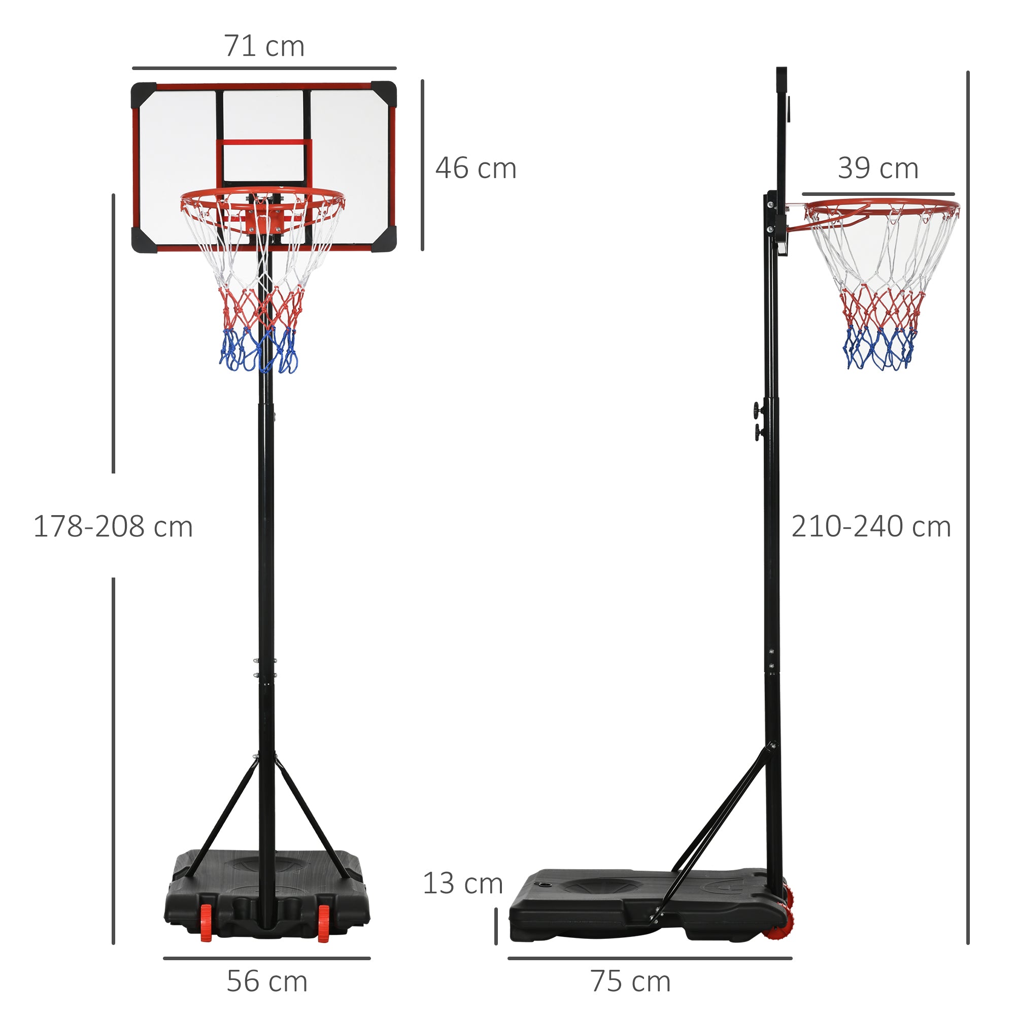 SPORTNOW Height Adjustable Basketball Hoop and Stand with Firm Backboard and Weighted Base, Portable on Wheels, Red - North Peak Garden Furniture