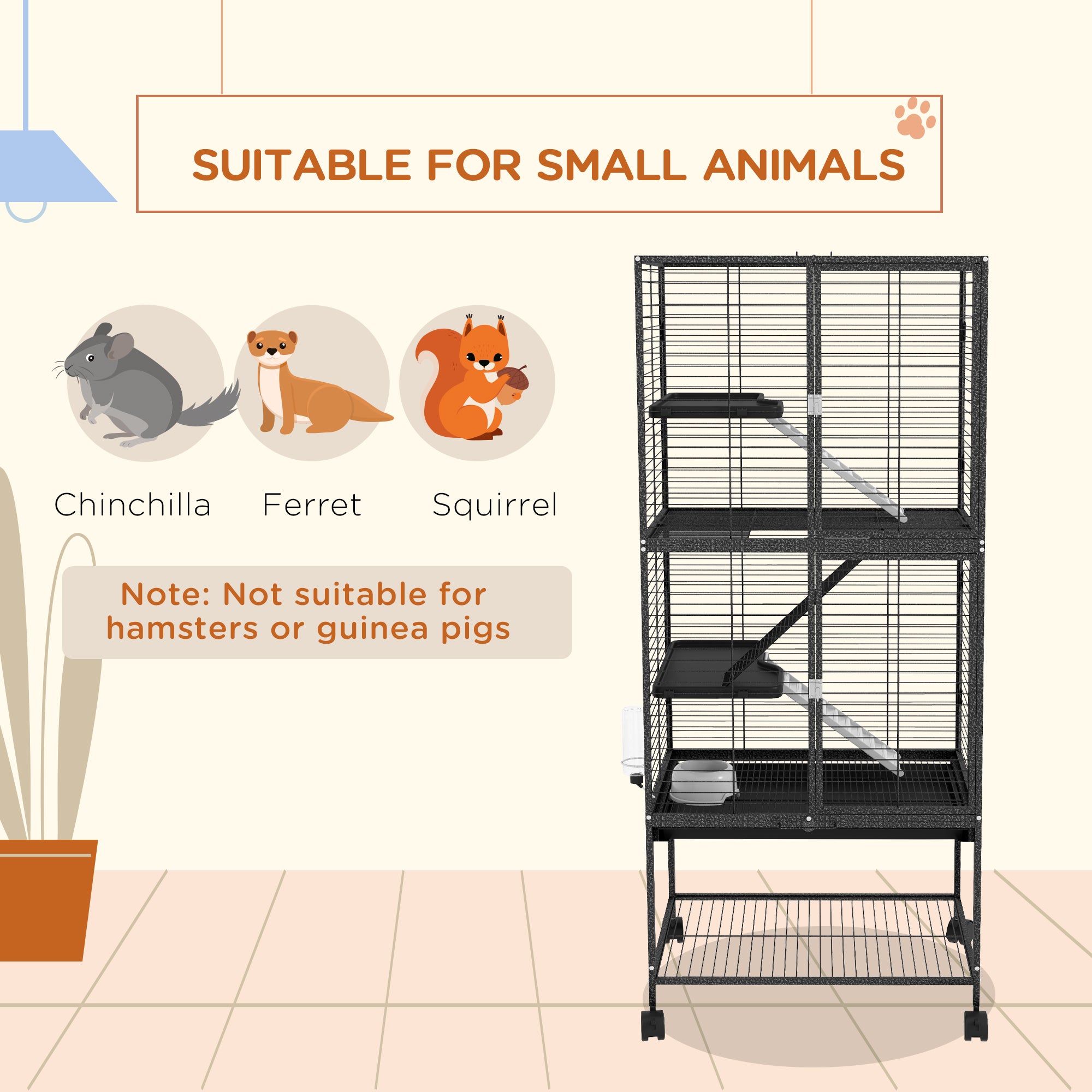 PawHut Rolling Chinchilla Cage, Small Animal Cage for Ferrets w/ Three Doors, Storage, Shelf, Tray Tray, Bowl, Water Bottle - North Peak Garden Furniture
