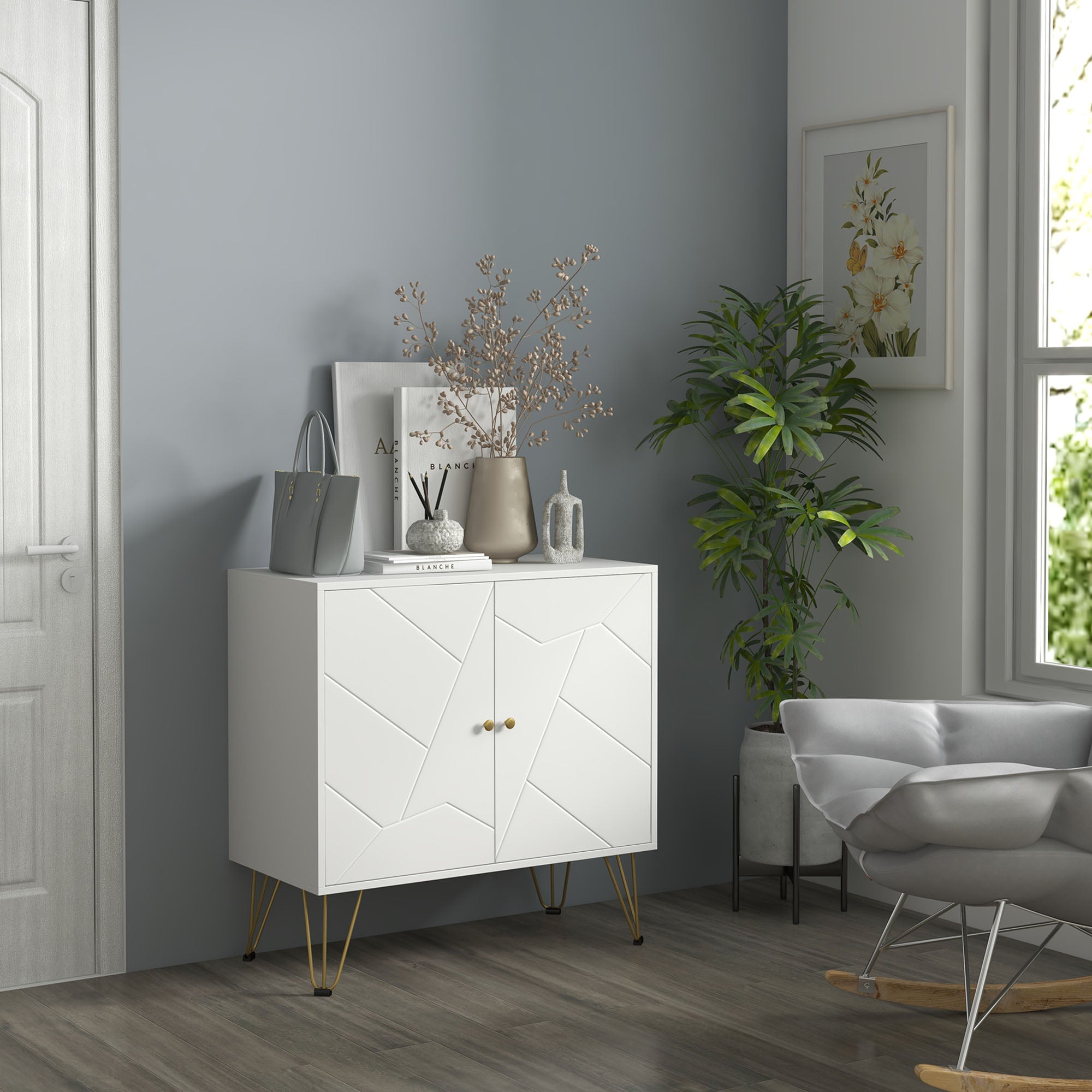 HOMCOM Storage Cabinet Slim Sideboard with Golden Hairpin Legs Adjustable Shelves for Living Room Dining Room Hallway White - North Peak Garden Furniture