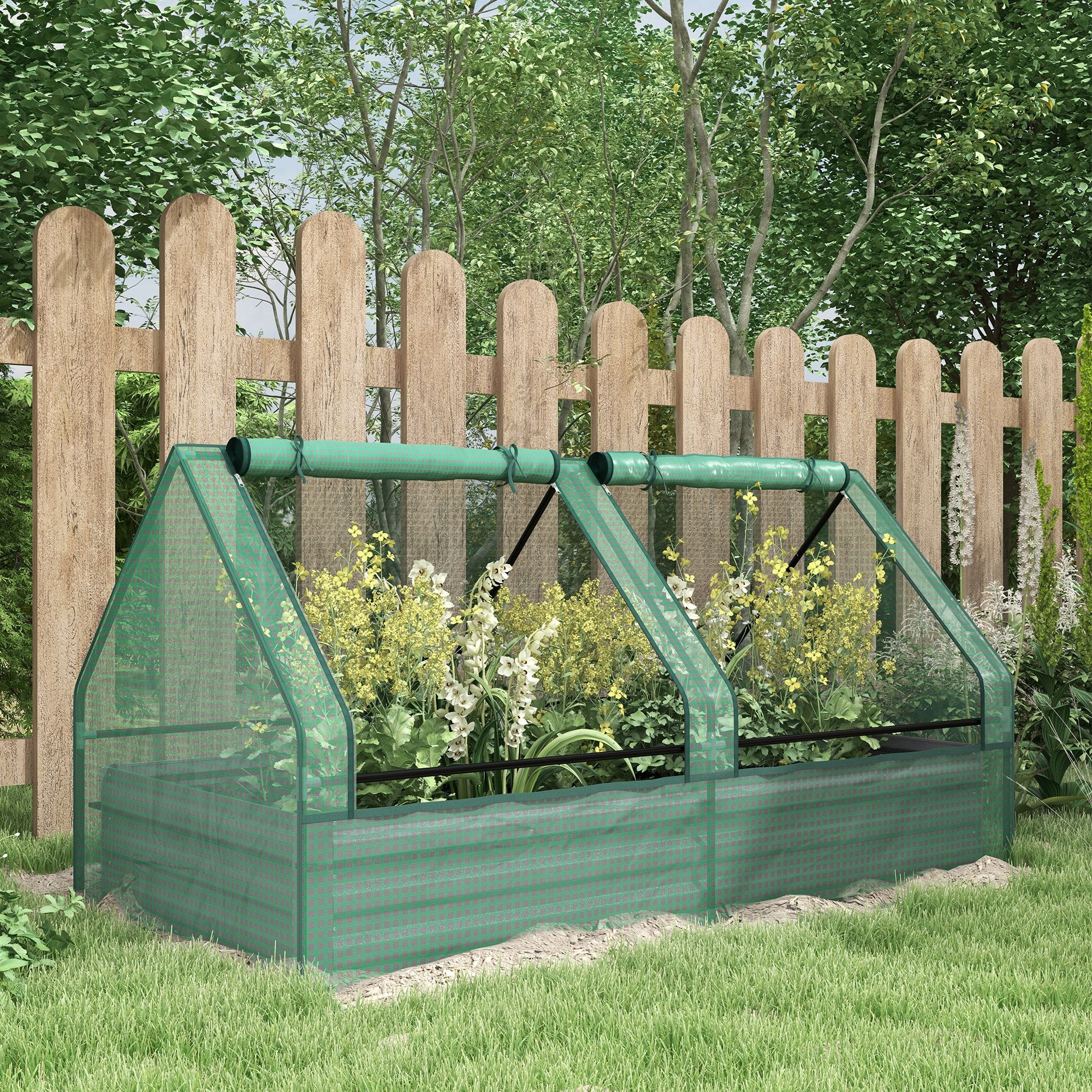 Outsunny Metal Planter Box with Cover, Raised Garden Bed with Greenhouse, for Herbs and Vegetables, Green and Dark Grey