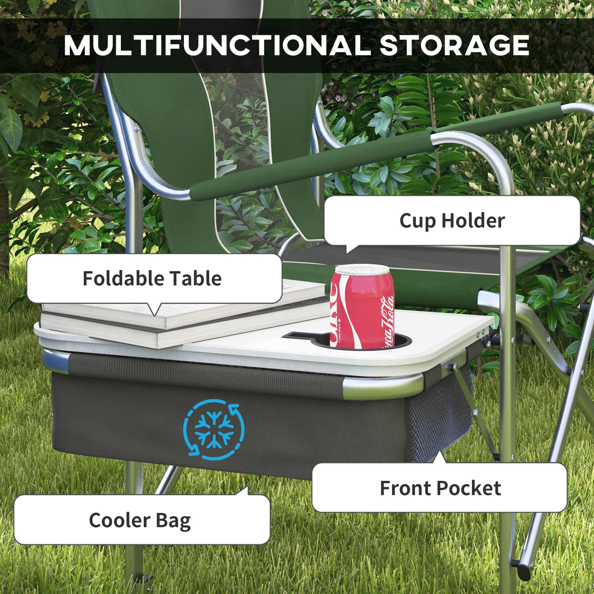 Outsunny Folding Aluminium Camping Chair, with Cooler Bag Table - Green - North Peak Garden Furniture