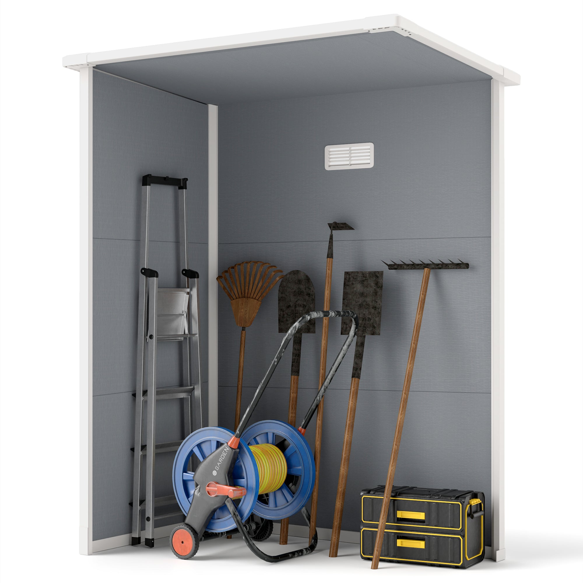 Outsunny 5' x 3' Garden Shed with Floor, Outdoor Storage Shed with Lockable Door, Window and Vent for Garden, Patio, Grey - North Peak Garden Furniture