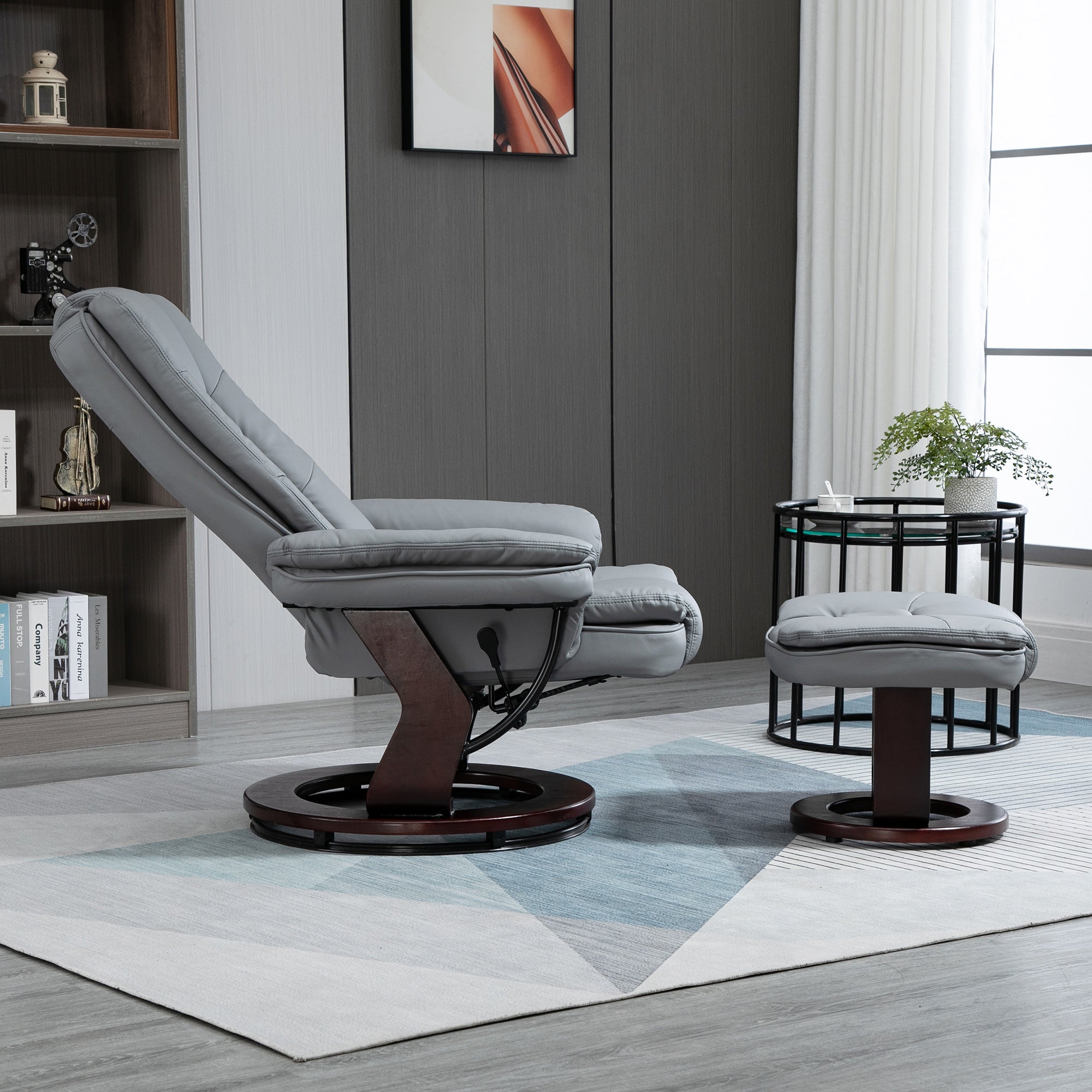 HOMCOM Manual Recliner and Footrest Set PU Leather Leisure Lounge Chair Armchair with Swivel Wood Base, Grey - North Peak Garden Furniture