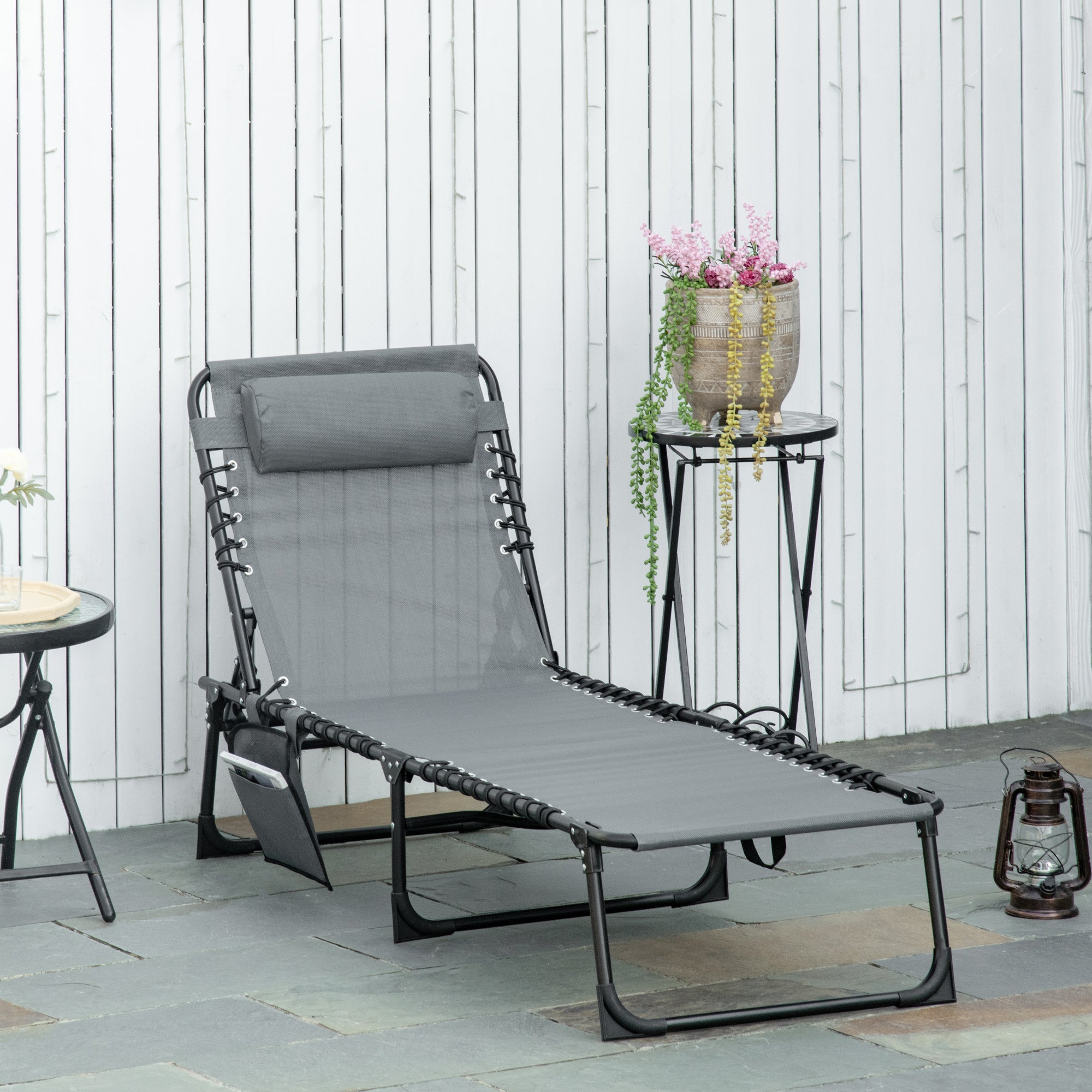 Outsunny Portable Sun Lounger, Folding Camping Bed Cot, Reclining Lounge Chair 5-position Adjustable Backrest with Side Pocket, Pillow for Patio Garden Beach Pool, Grey - North Peak Garden Furniture