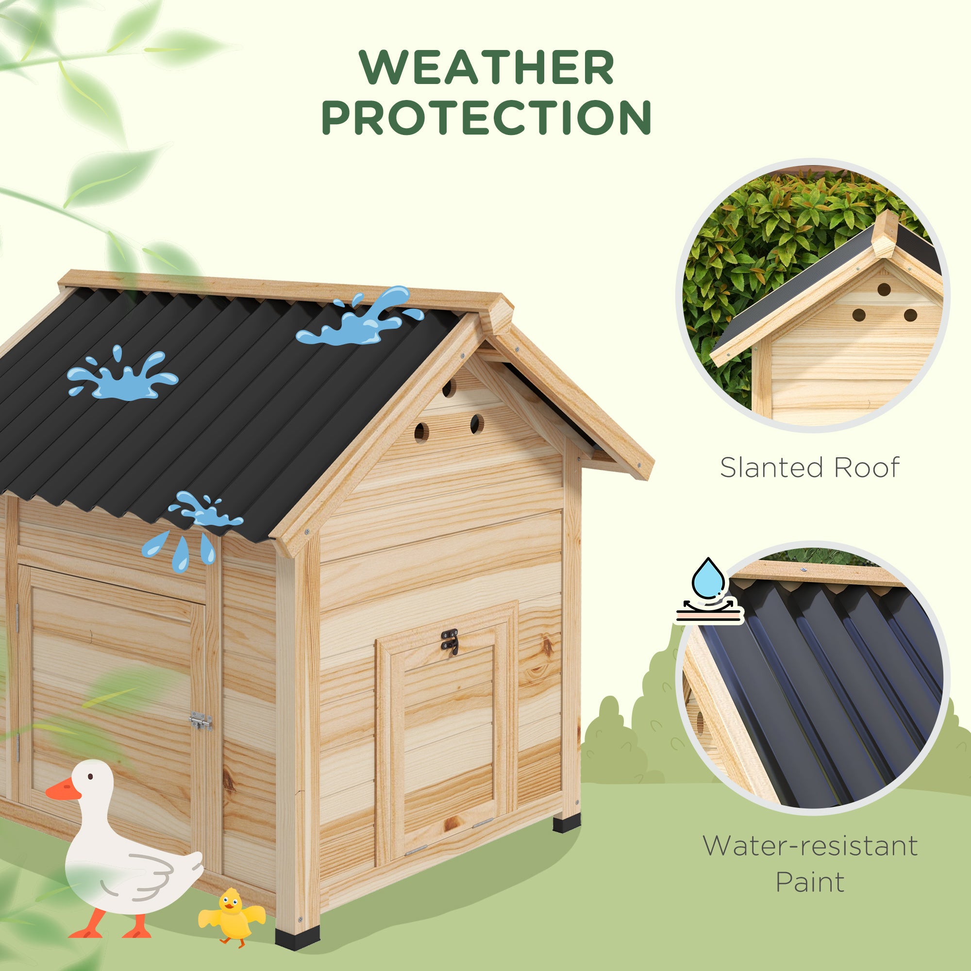 PawHut Wooden Duck House with Double Doors, Openable Roof, Ventilation Holes, Removable Base, Natural Wood Finish - North Peak Garden Furniture
