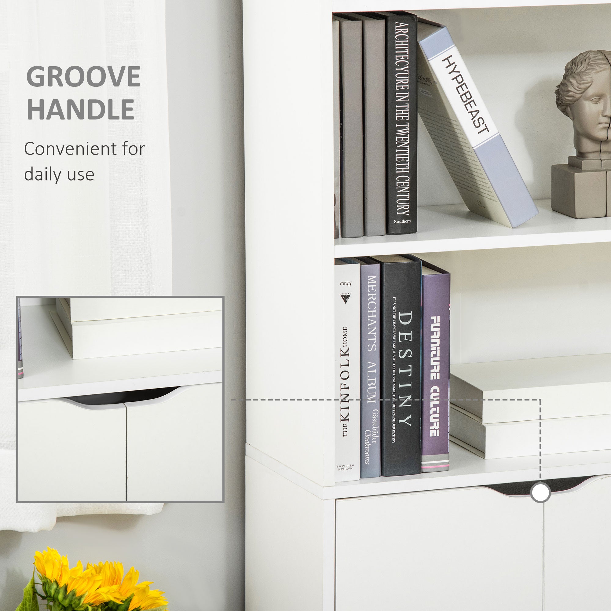 HOMCOM 6-Tier Tall Bookcase, Bookshelf with 4 Open Shelves and Double Door Storage Cabinet, Freestanding Display Rack for Living Room, Bedroom, Home Office, Study, 59 x 29 x 180cm, White - North Peak Garden Furniture