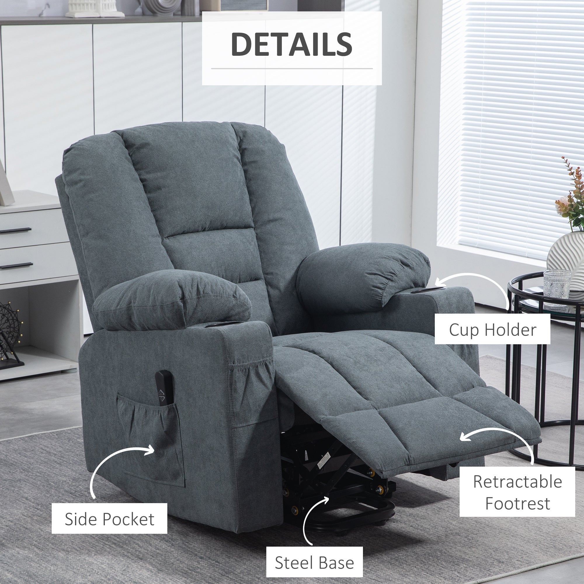 HOMCOM Oversized Riser and Recliner Chairs for the Elderly, Fabric Upholstered Lift Chair for Living Room with Remote Control, Side Pockets, Cup Holder, Grey - North Peak Garden Furniture