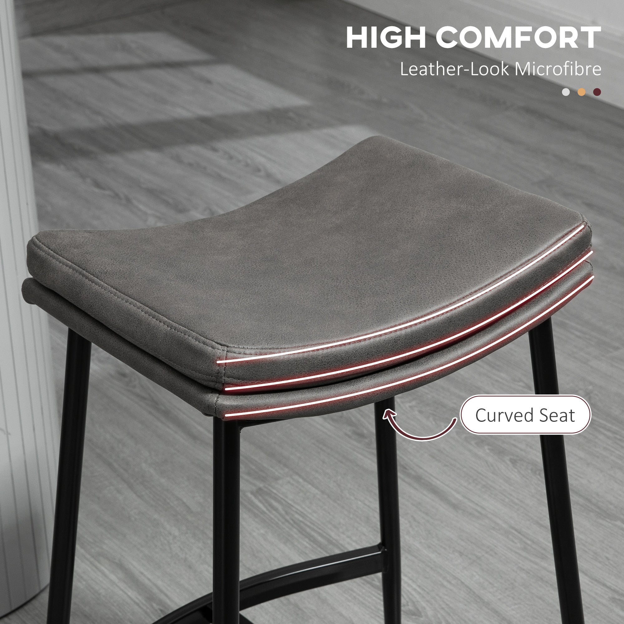 HOMCOM Breakfast Bar Stools Set of 2, Microfibre Upholstered Barstools, Industrial Bar Chairs with Curved Seat and Steel Frame for Dining Room, Kitchen, Grey - North Peak Garden Furniture