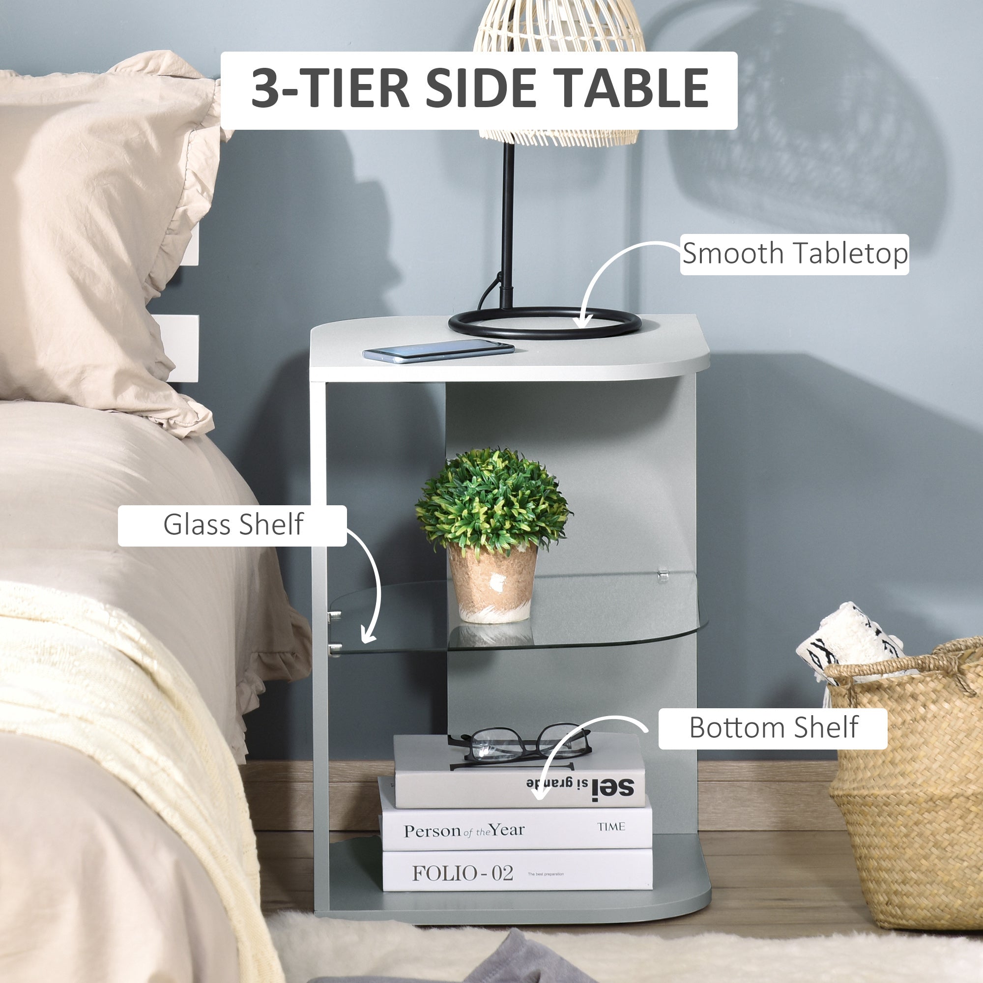 HOMCOM Modern Side Table Set of 2, Three Layer Bedside Table Nightstand with 2 Storage Shelves, for Living room, Bedroom, Grey - North Peak Garden Furniture