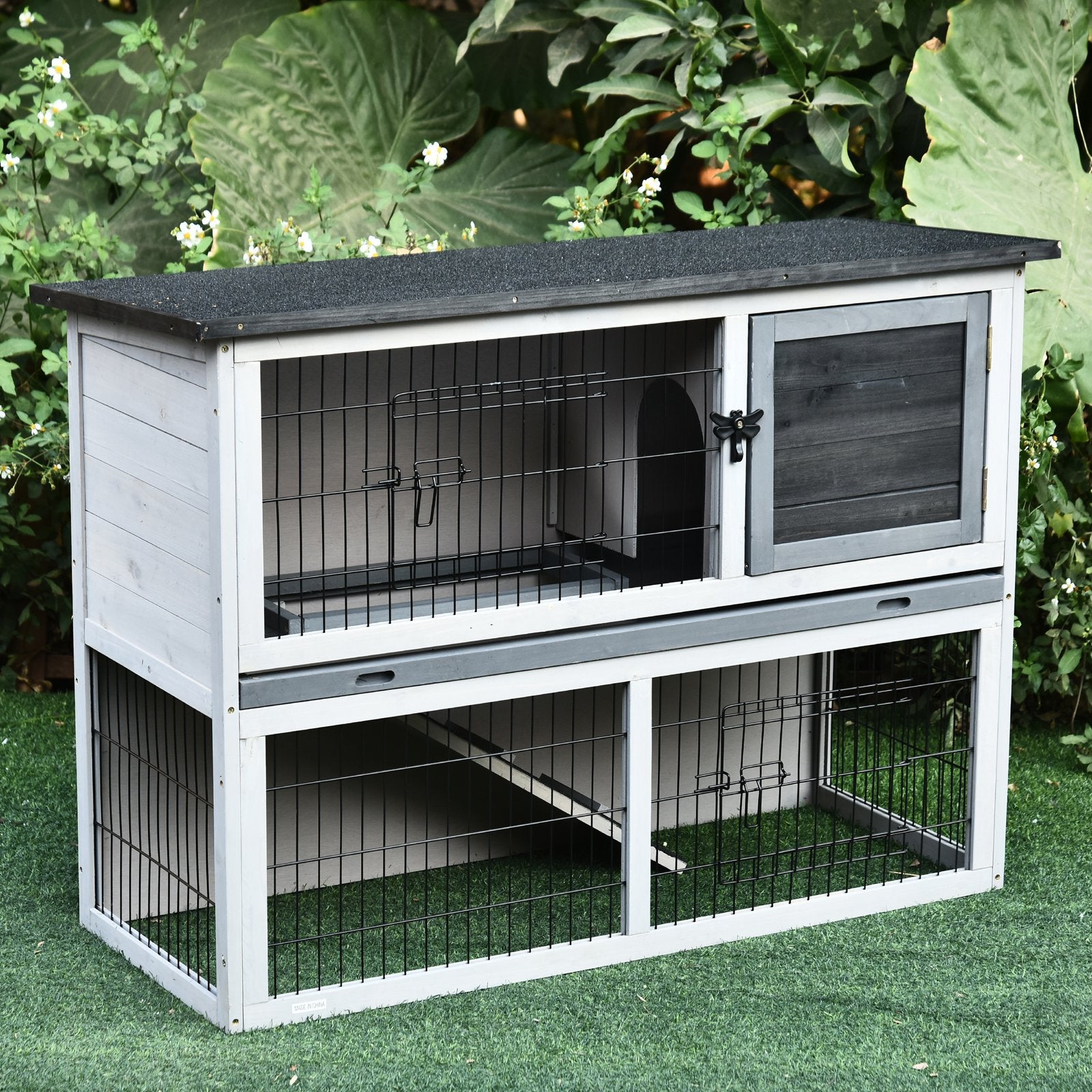 PawHut Small Animal Two-Level Fir Wood Guinea Pigs Hutches Bunny Cage w/ Slide Out Tray Grey - North Peak Garden Furniture