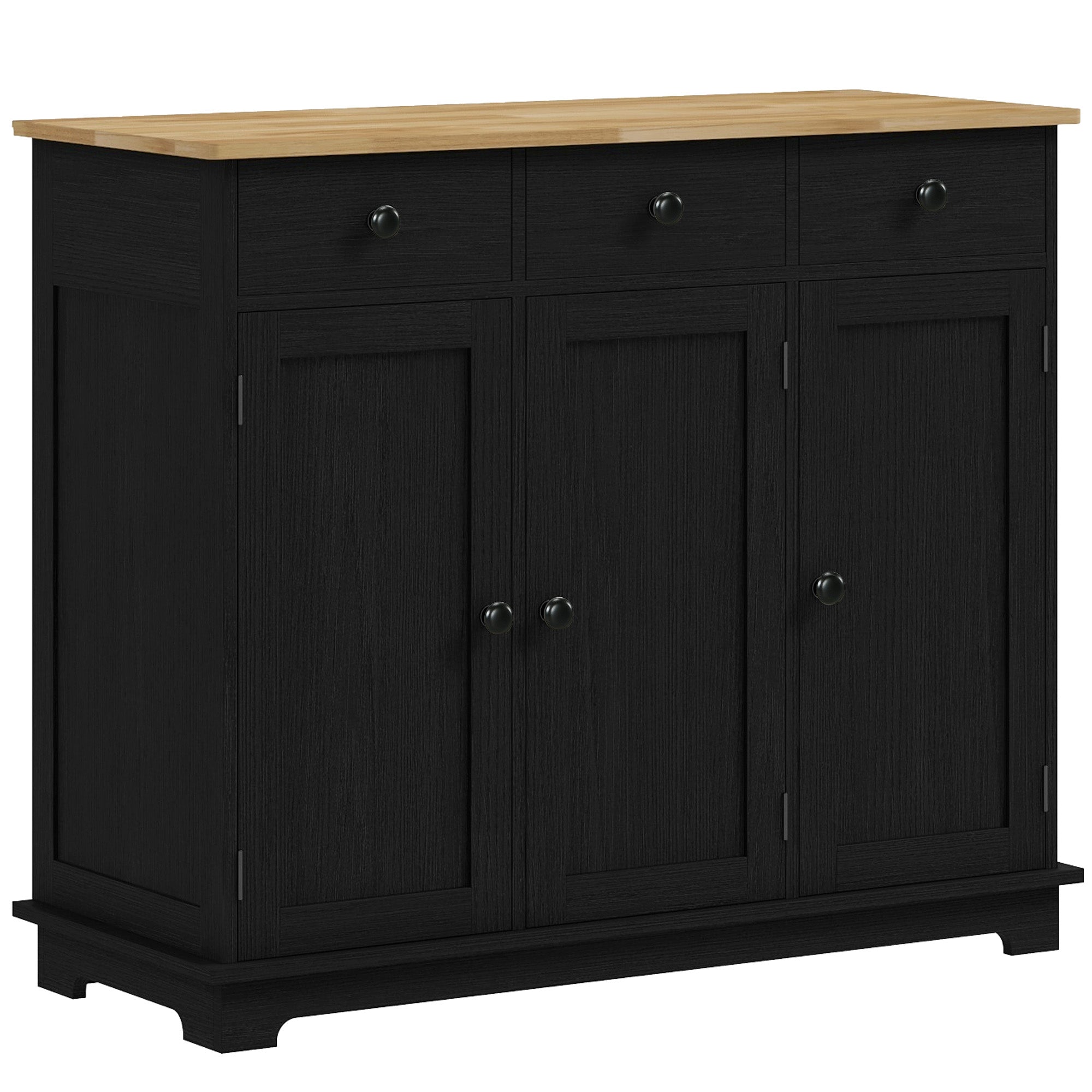 HOMCOM Sideboard with Rubberwood Top and Adjustable Shelves for Dining Room, Kitchen - Black Wood-Effect - North Peak Garden Furniture