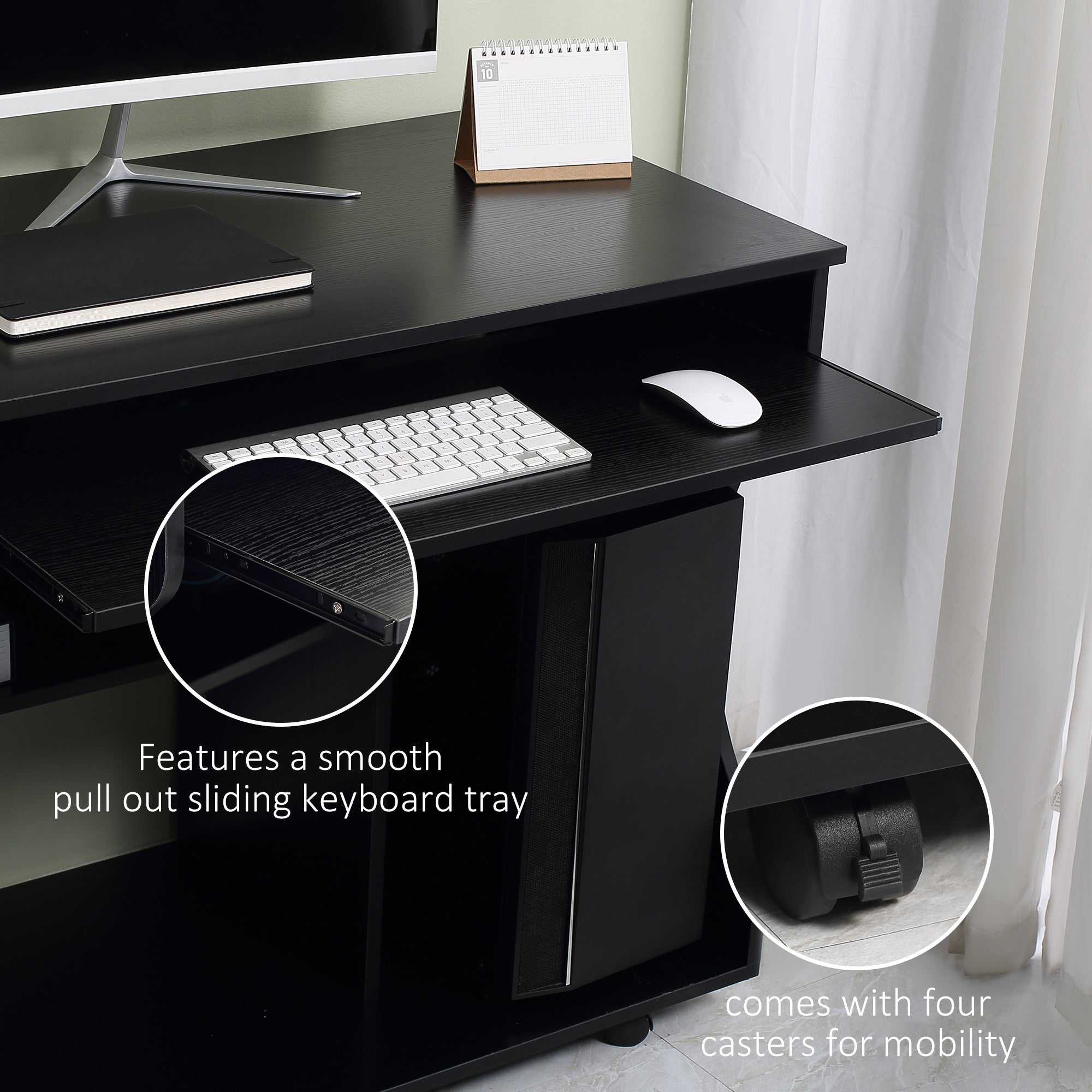 HOMCOM Multi-Storage Compact Work Desk, with Wheels - Black - North Peak Garden Furniture