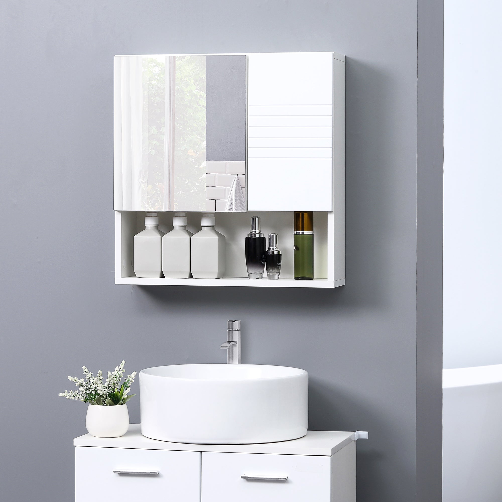 kleankin Bathroom Mirror Cabinet Wall-Mounted Storage w/ Double Door Adjustable Shelf - White - North Peak Garden Furniture
