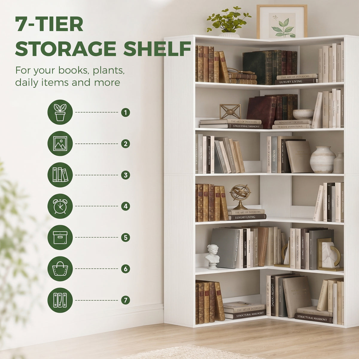 HOMCOM 7 Tiers Bookshelf, L-Shaped Corner Bookcase with Anti-Slip Rear Guard, White Wood Effect