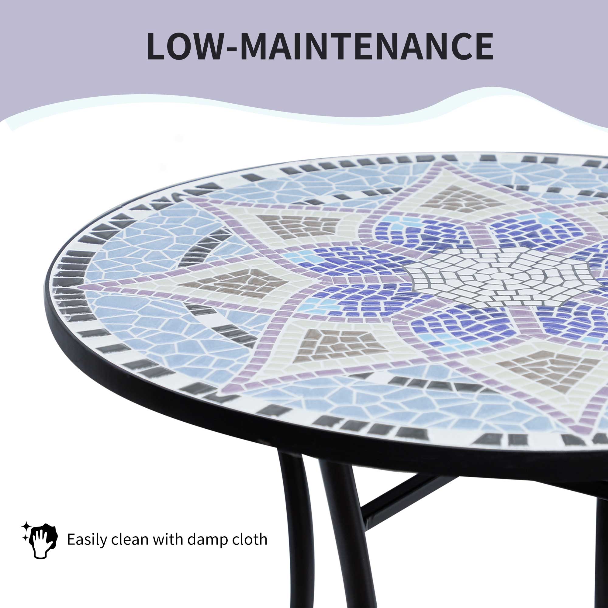 Outsunny Outdoor Mosaic Round Garden Table, Patio Bistro Coffee Side Table with 60cm Ceramic Top for Garden, Blue and White - North Peak Garden Furniture