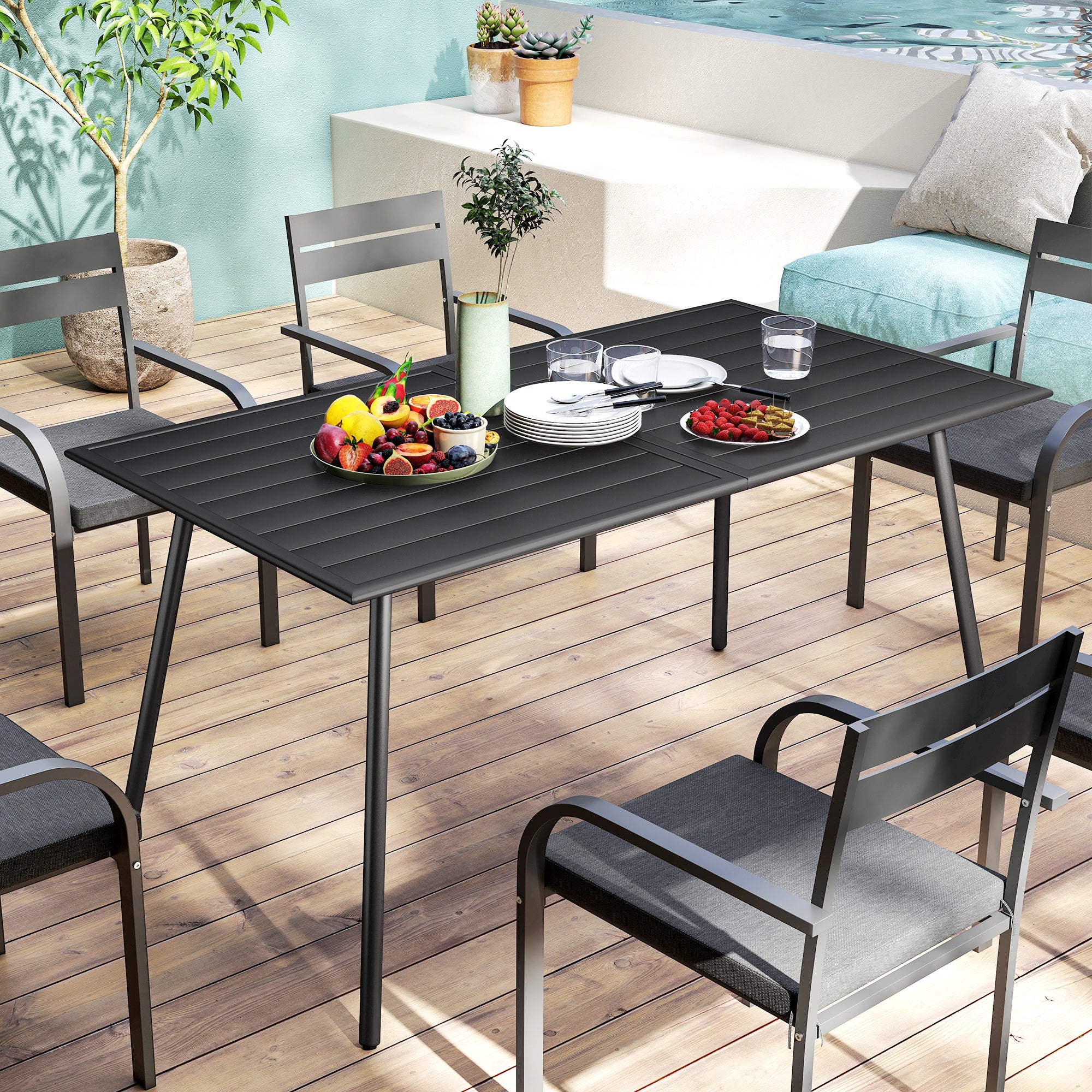 Outsunny Rectangle Garden Table with Slat Top, Steel Frame, Outdoor Table for 6 Person, 150 x 80 x 74 cm, Black - North Peak Garden Furniture