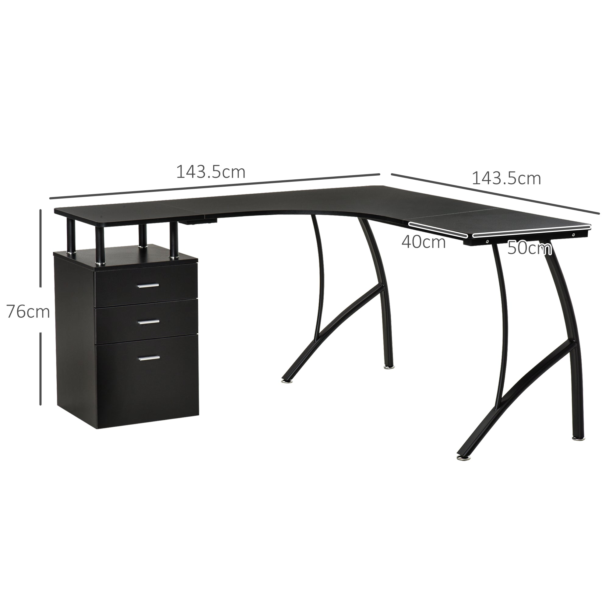 HOMCOM L-Shaped Computer Desk Table with Storage Drawer Home Office Corner Industrial Style Workstation for A4 Files 152 x 143.5 x 76cm, Black - North Peak Garden Furniture