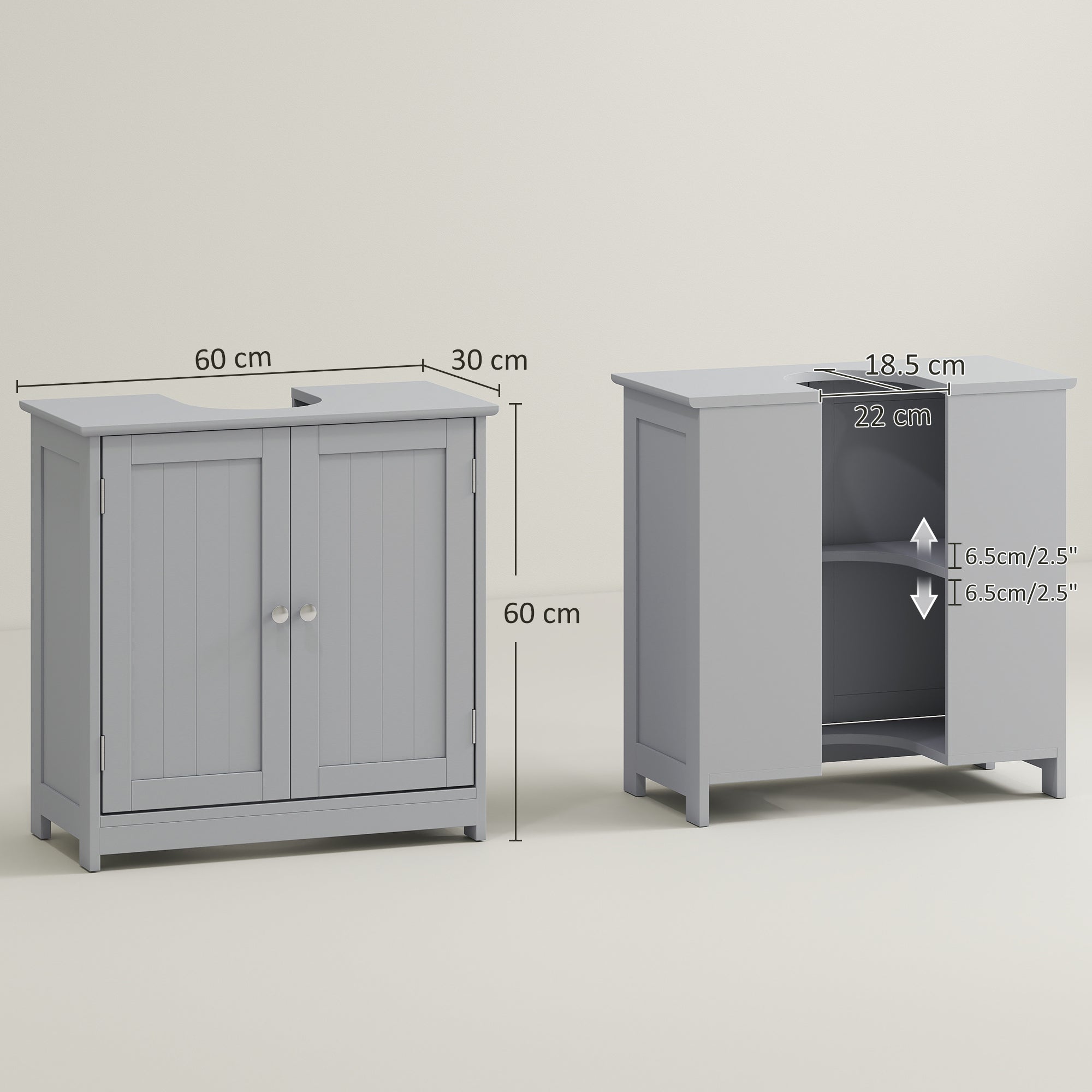 kleankin 60x60cm Under-Sink Storage Cabinet w/ Adjustable Shelf Handles Drain Hole Bathroom Cabinet Space Saver Organizer Grey - North Peak Garden Furniture