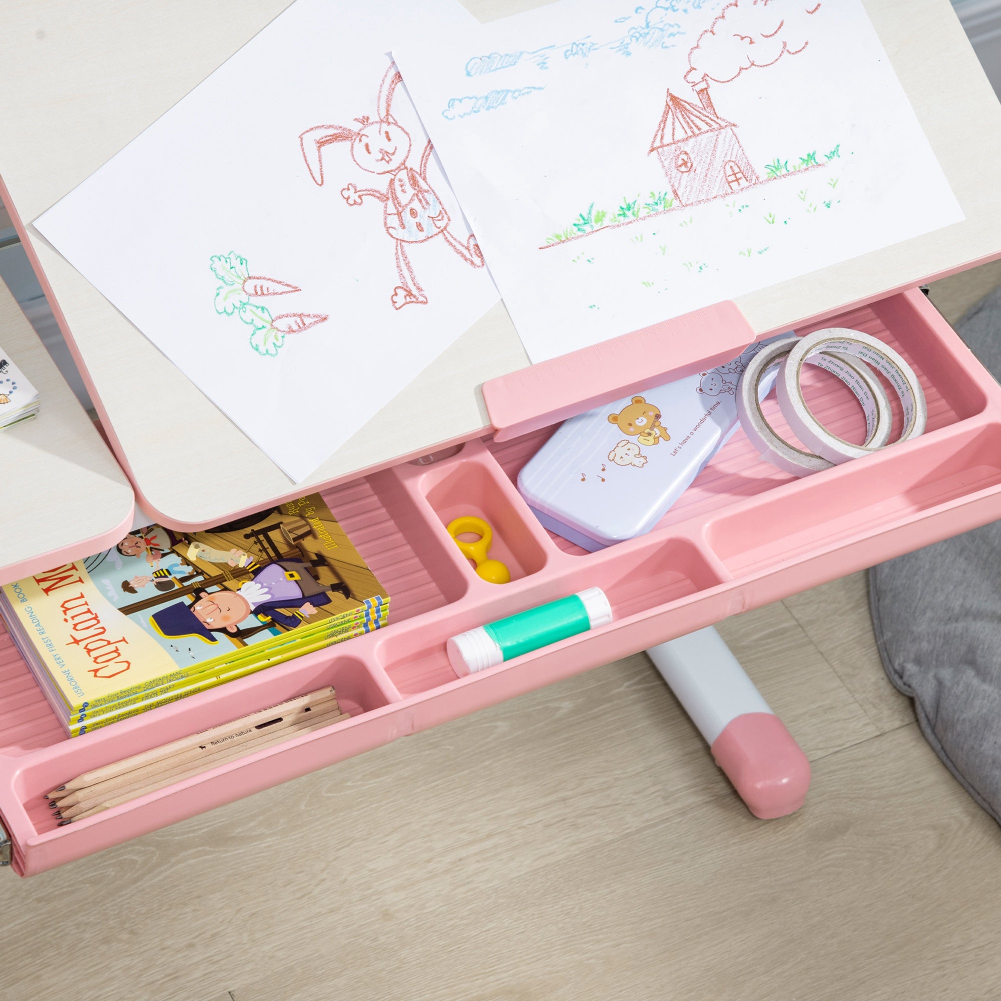 HOMCOM Kids Desk and Chair Set, with Storage Shelves, Washable Cover, for Ages 3-12 Years - Pink - North Peak Garden Furniture